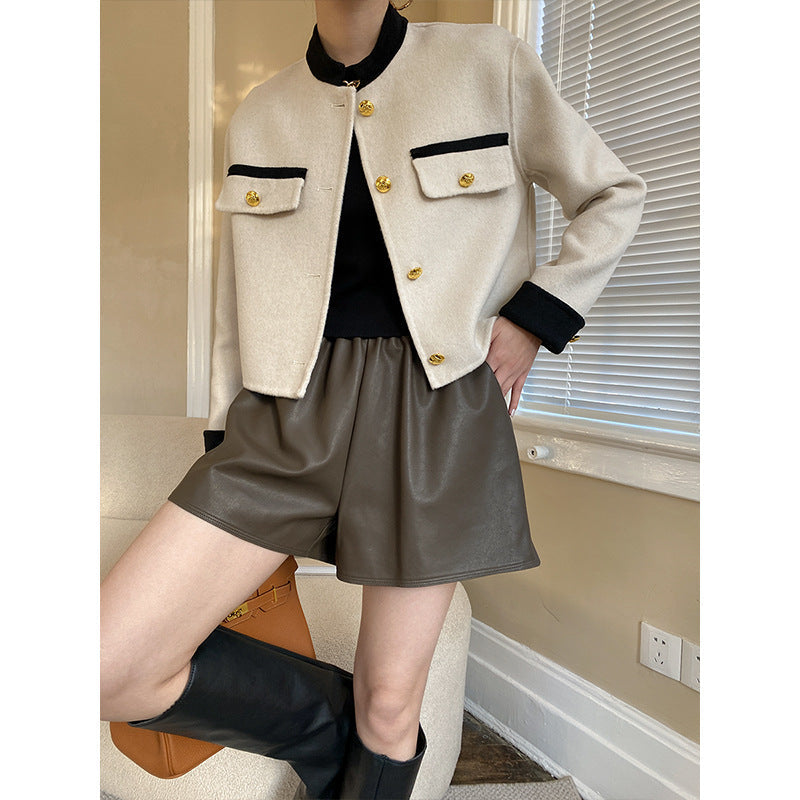 Loose A-line wide leg elastic short leather pants - Korvel