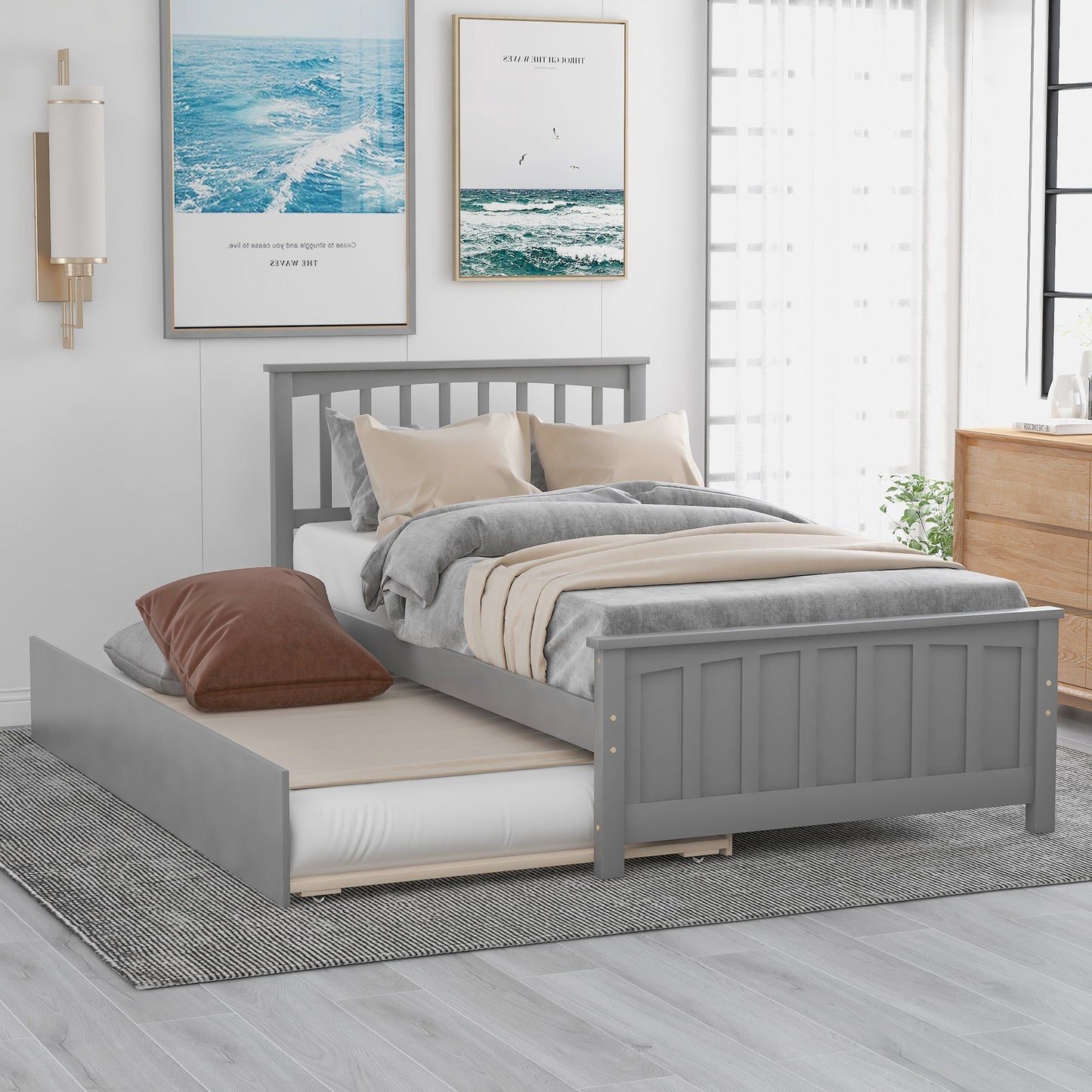 Twin size Platform Bed with Trundle Gray - Korvel