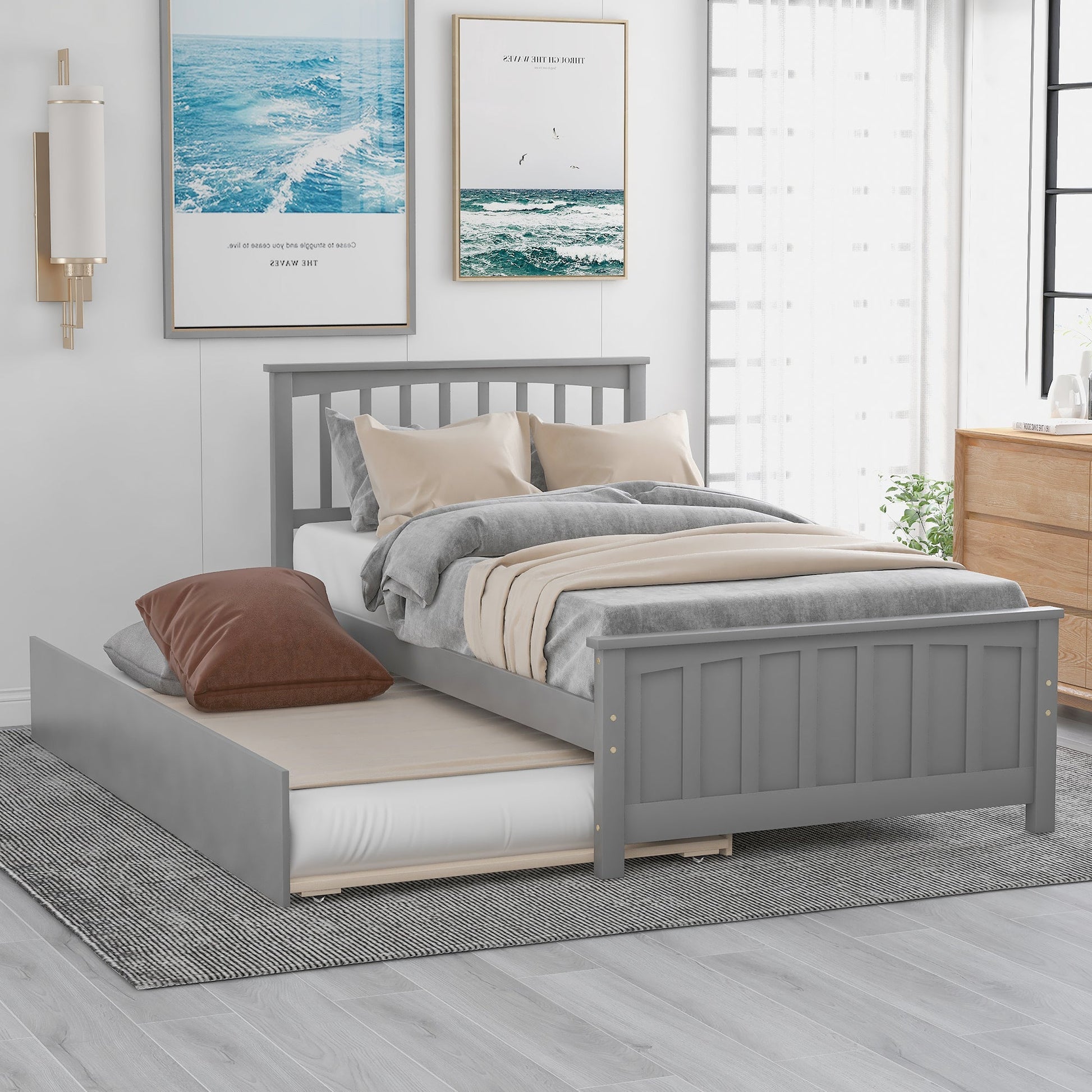 Twin size Platform Bed with Trundle Gray - Korvel