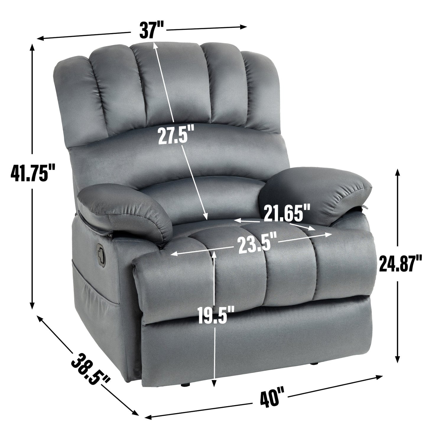 Large Manual Recliner Chair in Fabric for Living Room, Grey - Korvel