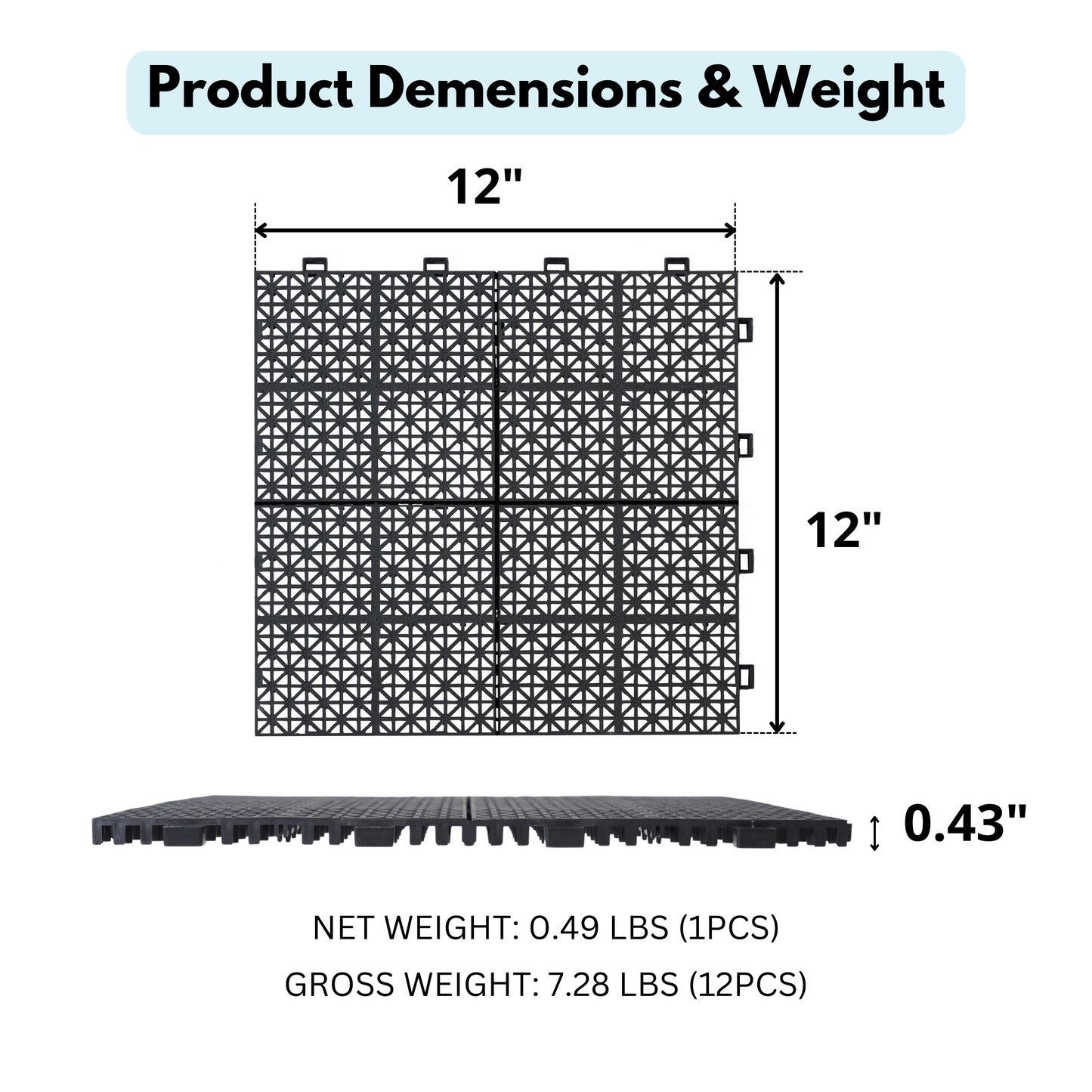 Dalles de terrasse interconnectées noires de 12 x 12 pouces - Pack de 12