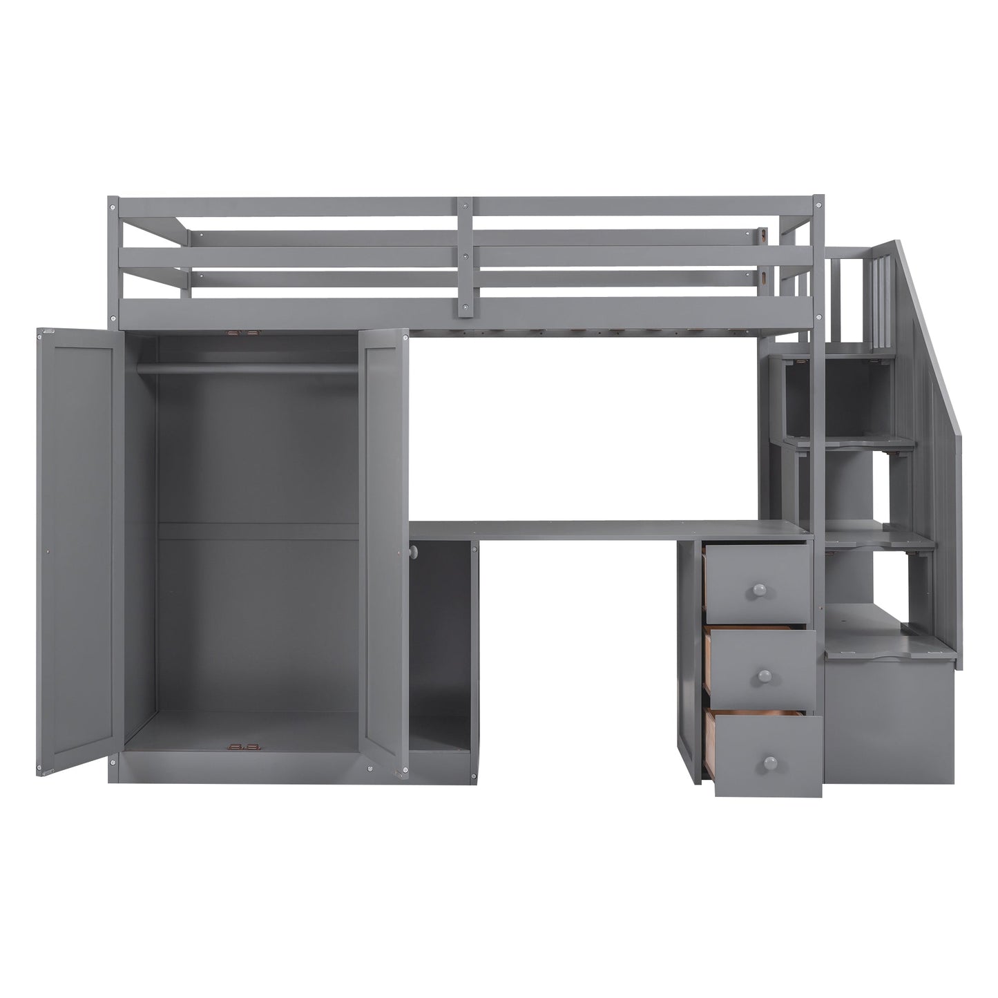 Cama loft tamaño twin con armario y almacenamiento en gris