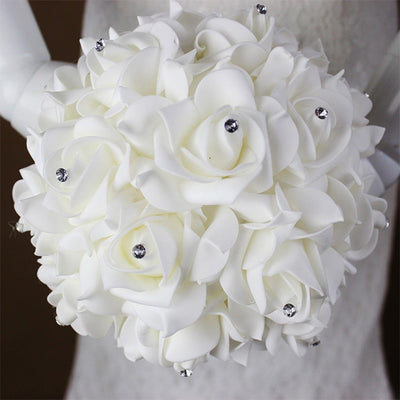 White Ivory Bridal Bridesmaid Flower Wedding Bouquet Artificial Flower Rose Bouquet Crystal Bridal Bouquets - Korvel