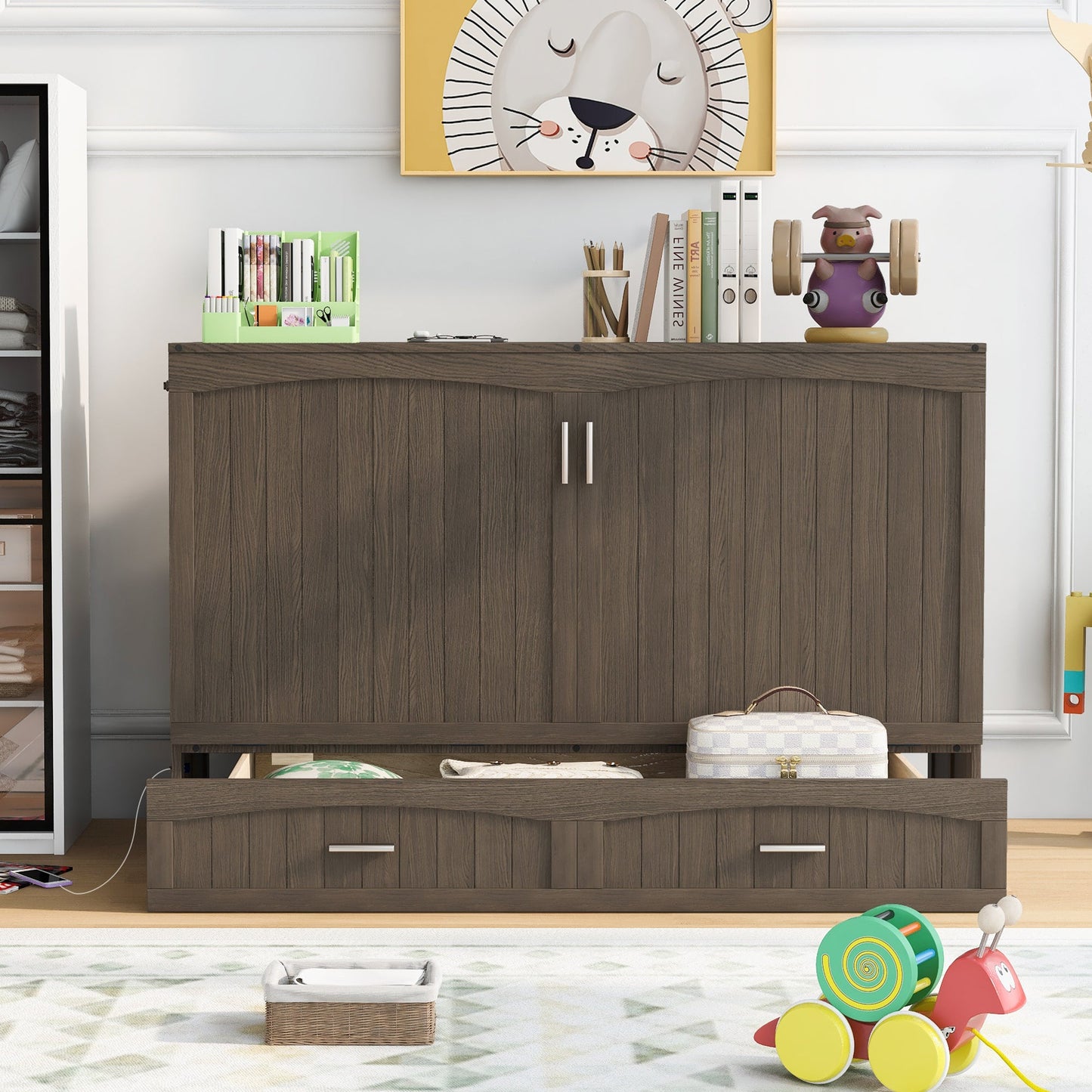 Queen Size Murphy Bed with Built-In Charging Station  Antique Grey - Korvel