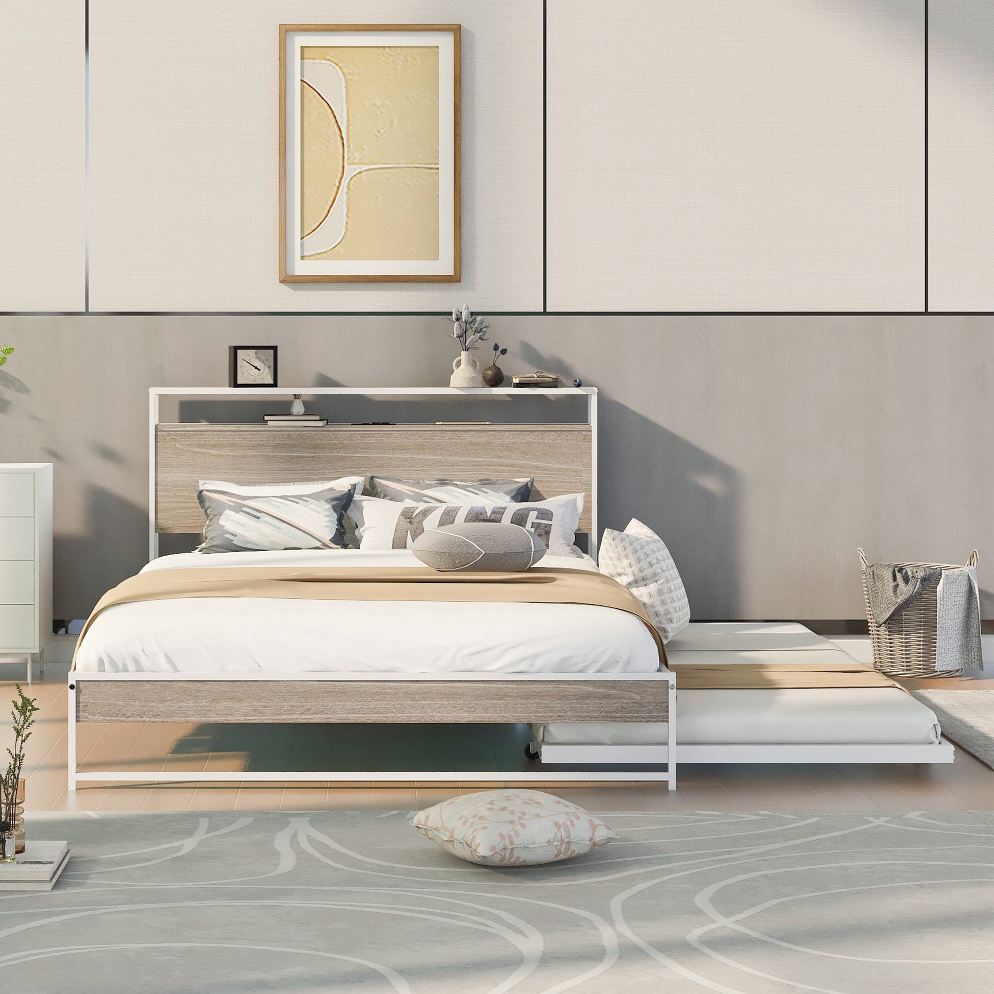 Queen Size Metal Platform Bed Frame with Trundle, USB Ports and Slat Support ,No Box Spring Needed White - Korvel