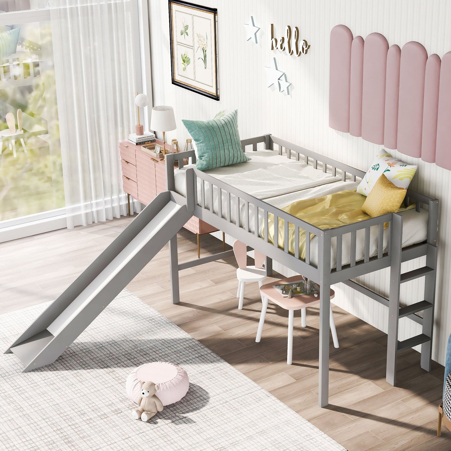Cama baja tipo loft tamaño twin con escalera y tobogán - Gris