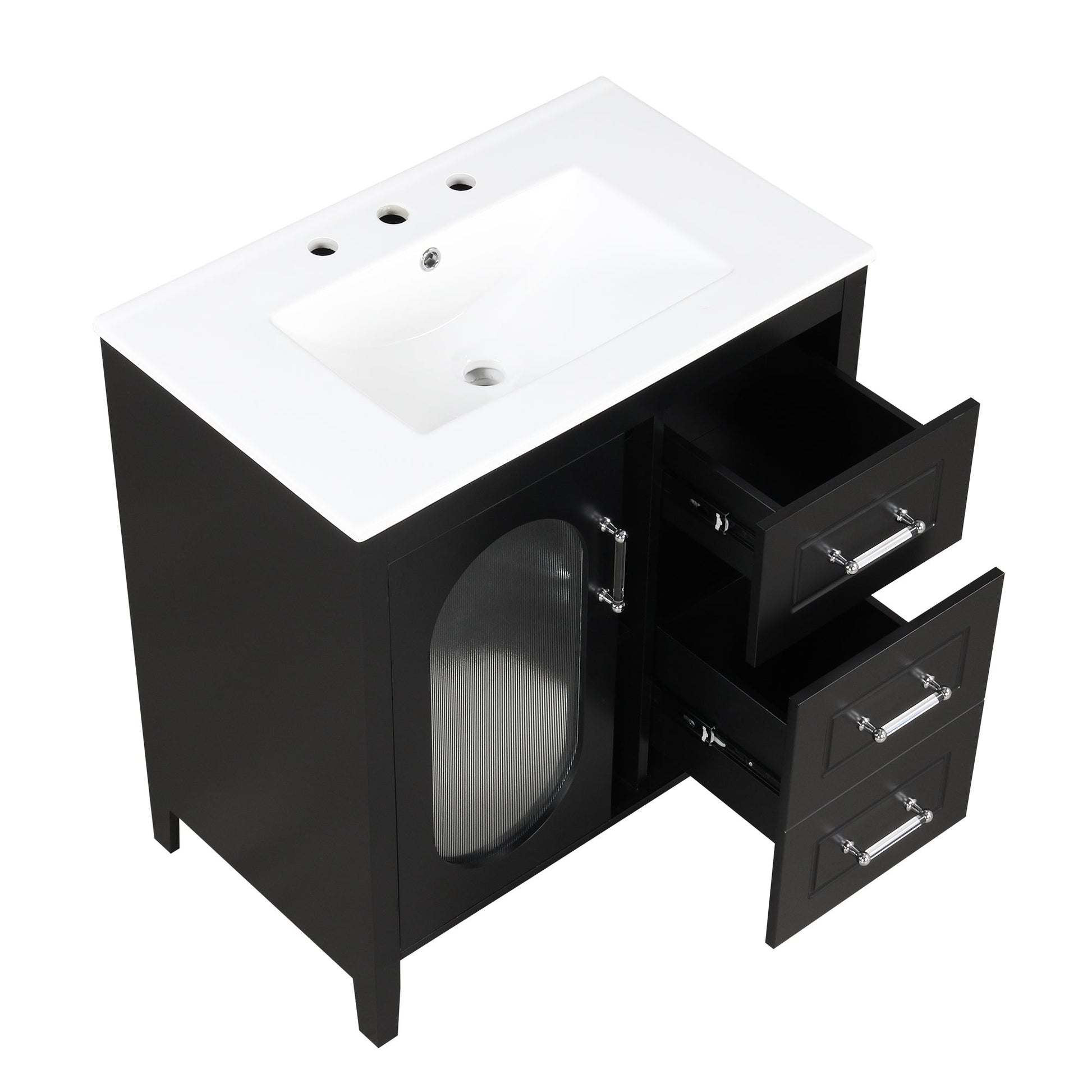 30" Bathroom Vanity with Sink, Bathroom Vanity Cabinet with Two Drawers and Door, Adjustable Shelf, Solid Wood and MDF, Black - Korvel