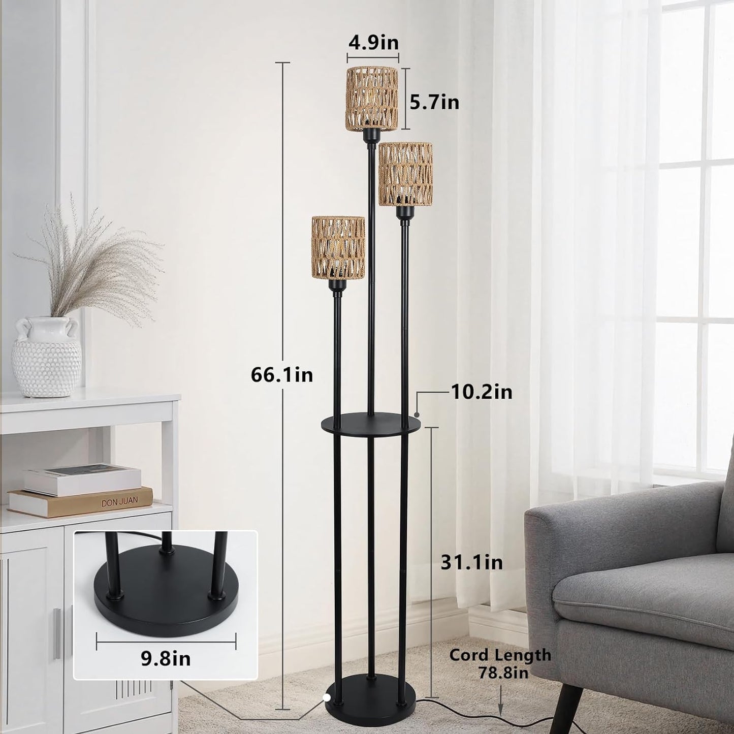 Boho Floor Lamp with Shelves 3-Lights Farmhouse Tall Floor Lamp with ON/OFF Foot Switch Rustic Standing Lamp with Rattan Shades - Korvel