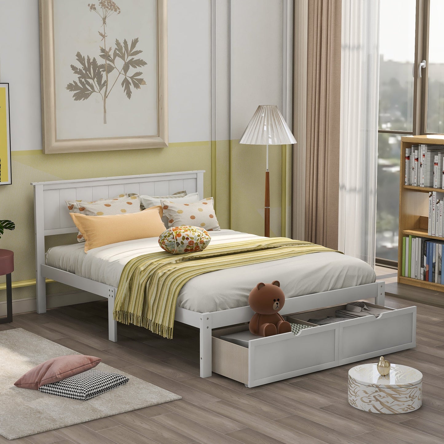 Lit plateforme de taille complète avec tiroirs sous le lit - Blanc