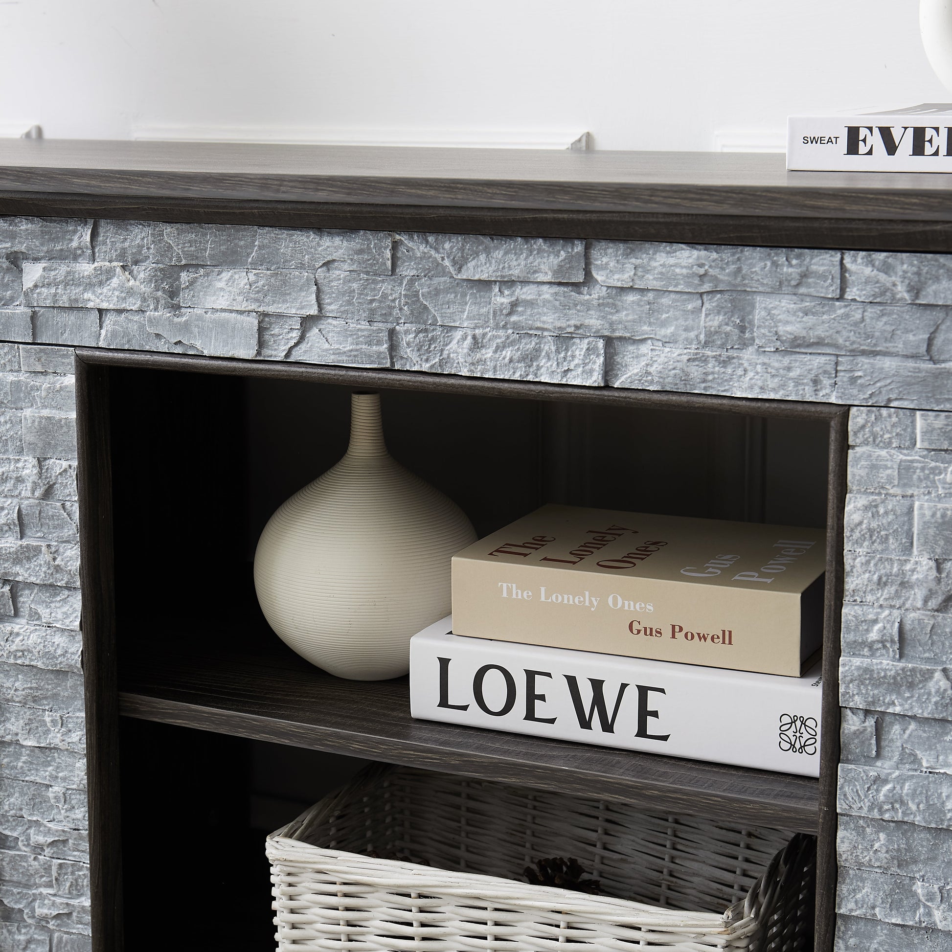 Mantel Stone modern entertainment console, manually stacked stone surrounds open storage space, gray - Korvel