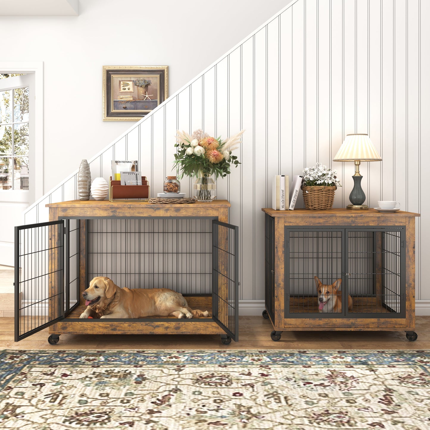 Jaula para Perros de Madera Marrón Rústica con Puertas Dobles