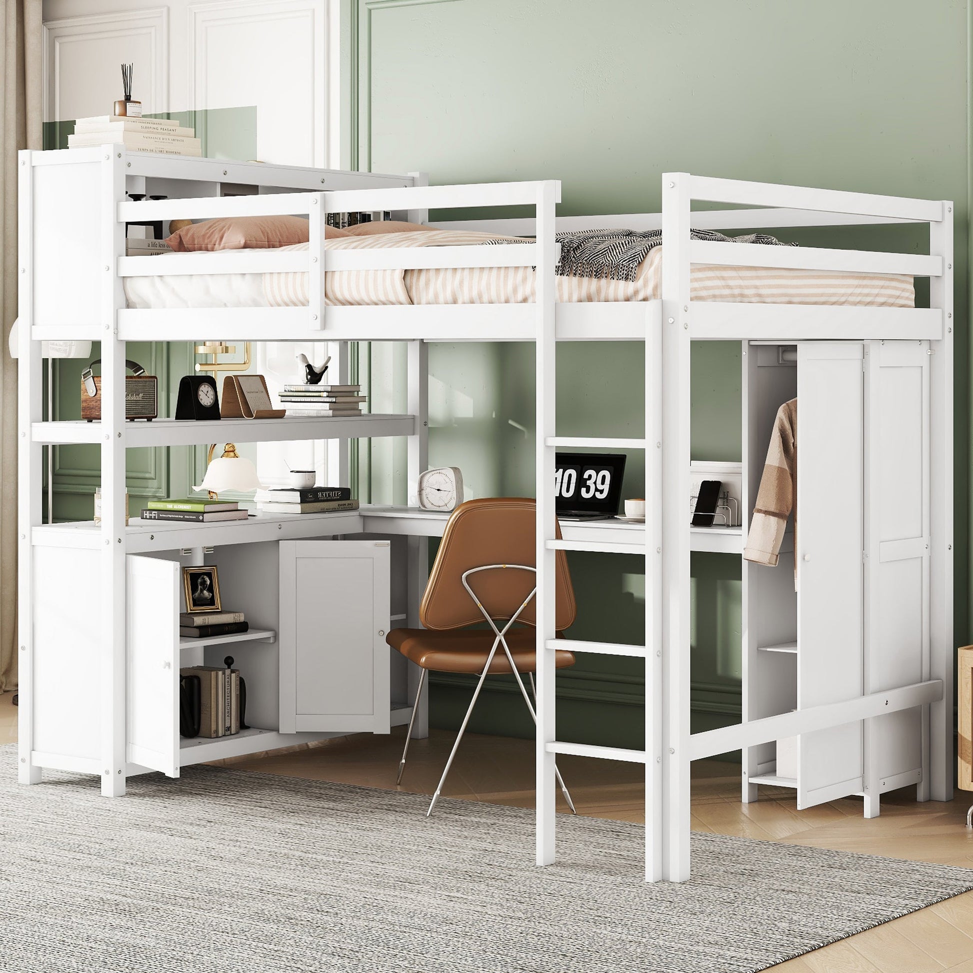 Wood Loft Bed with Cabinet and Bookshelf, Full Size Loft with Wardrobe and Desk for Kids,White - Korvel