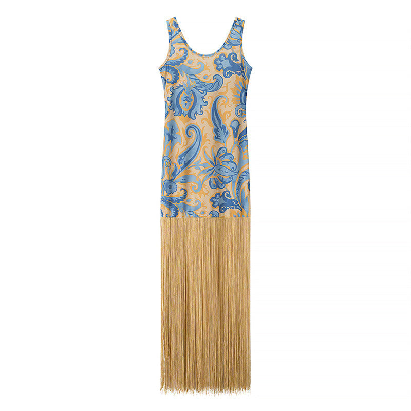 Robe élégante sans manches à franges imprimée