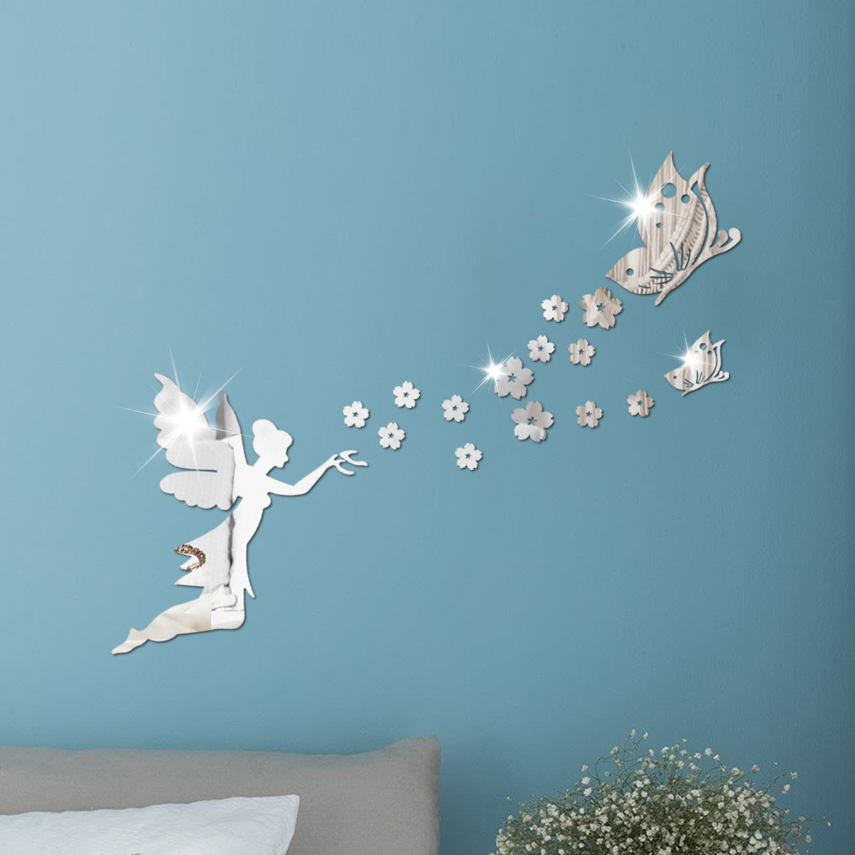Angelic Flying Mirror Wall Stickers - Butterfly & Flower Designs