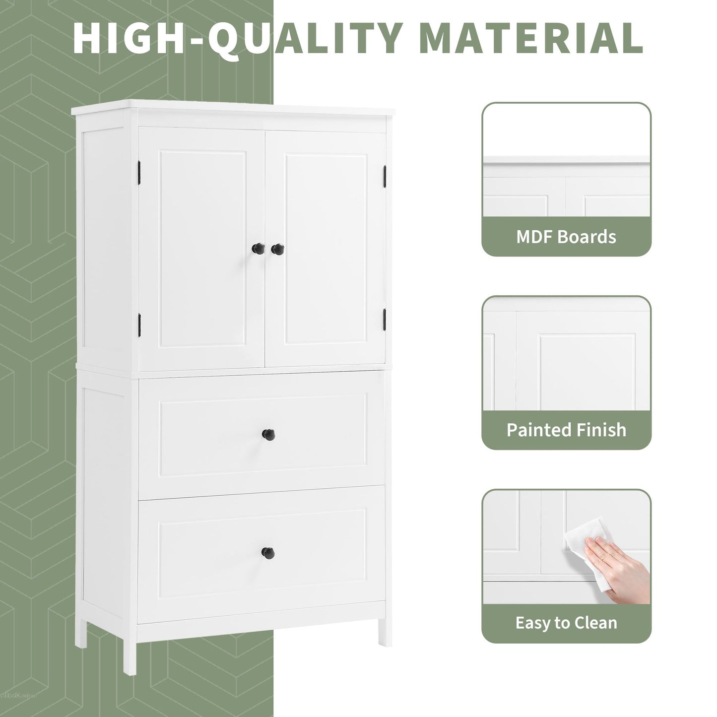 Bathroom Storage Cabinet, Cabinet with Two Doors and Drawers, Adjustable Shelf, MDF Board, White - Korvel