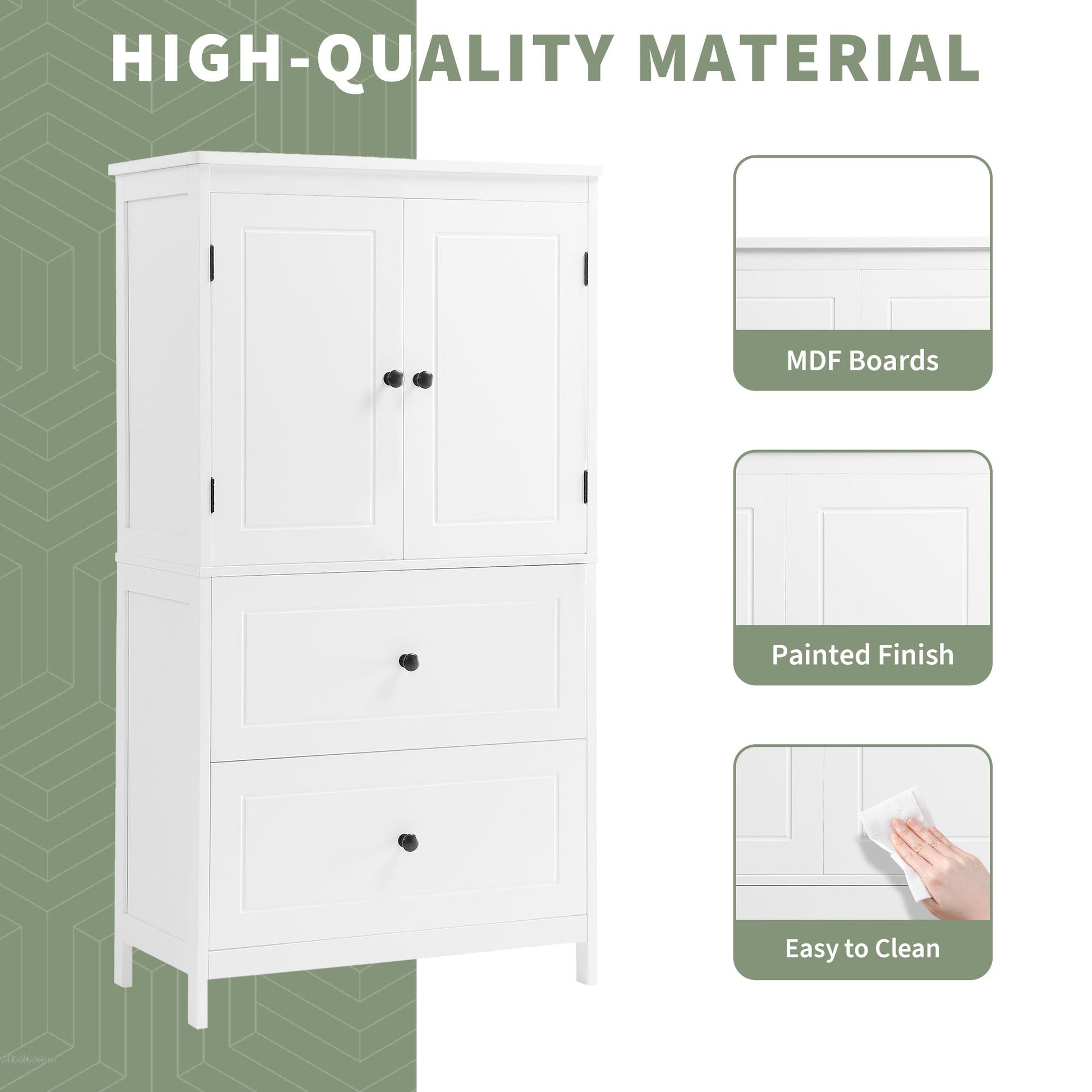 Bathroom Storage Cabinet, Cabinet with Two Doors and Drawers, Adjustable Shelf, MDF Board, White - Korvel