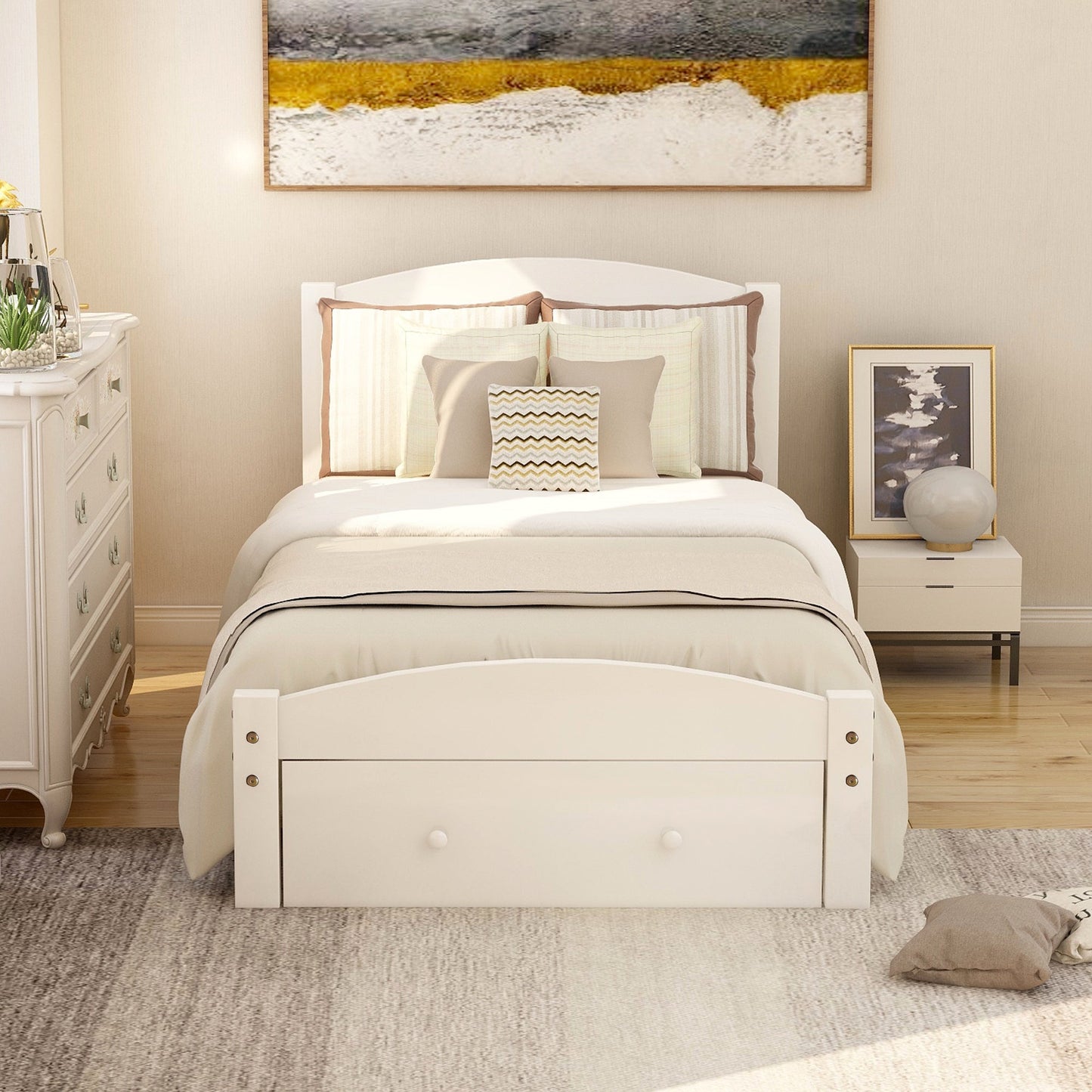 Elegant Platform Twin Bed Frame with Storage Drawer - White