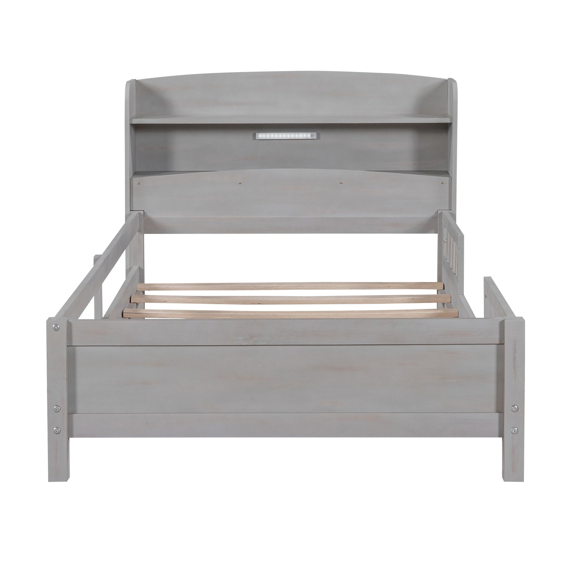 Wood Twin Size Platform Bed with Built-in LED Light  Storage Headboard and Guardrail Antique Grey - Korvel