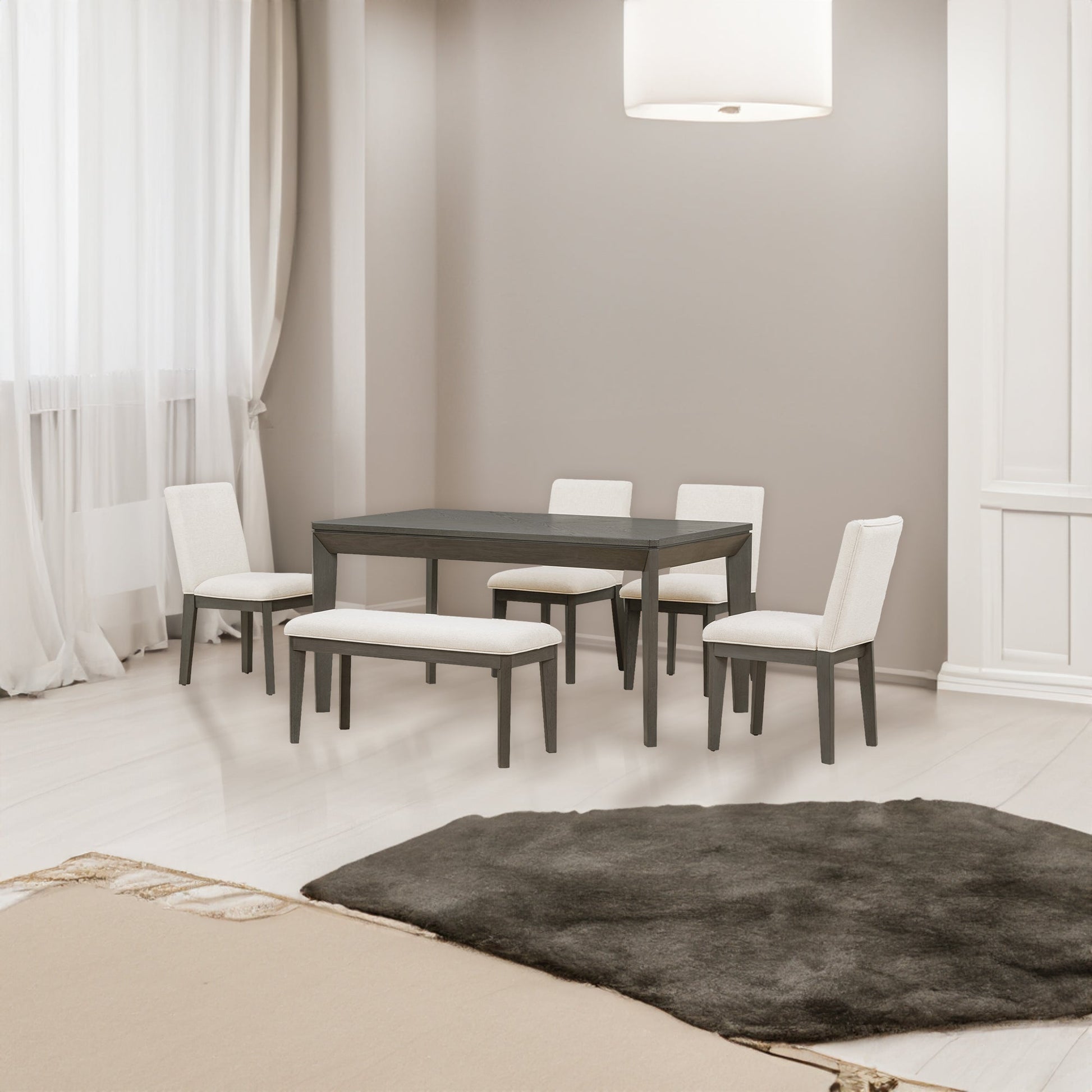 TOPMAX 6-Piece Dining Table Set with Upholstered Dining Chairs and Bench Farmhouse Style Tapered Legs Dark Gray+Beige - Korvel