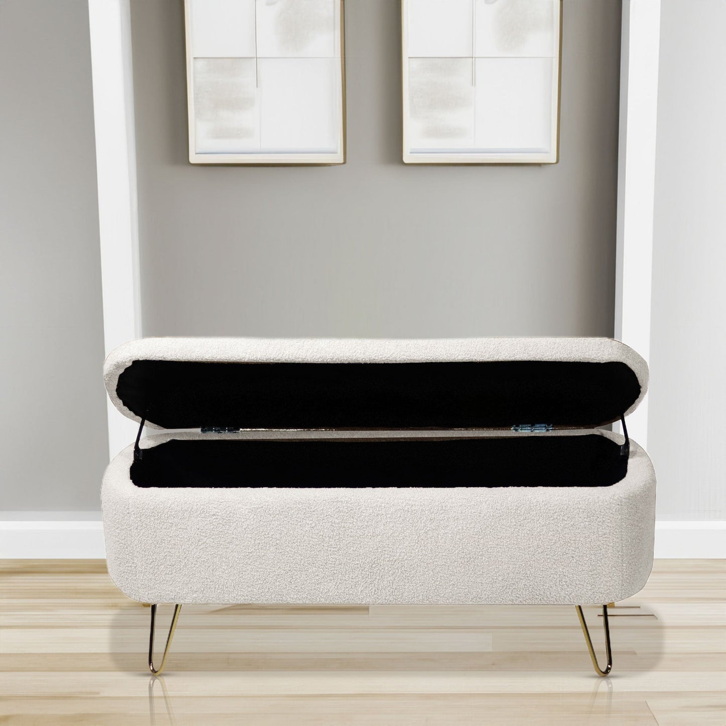 Ivory White Storage Ottoman Bench with Gold Legs