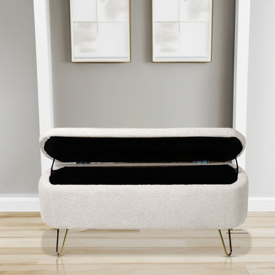 Ivory White Storage Ottoman Bench with Gold Legs