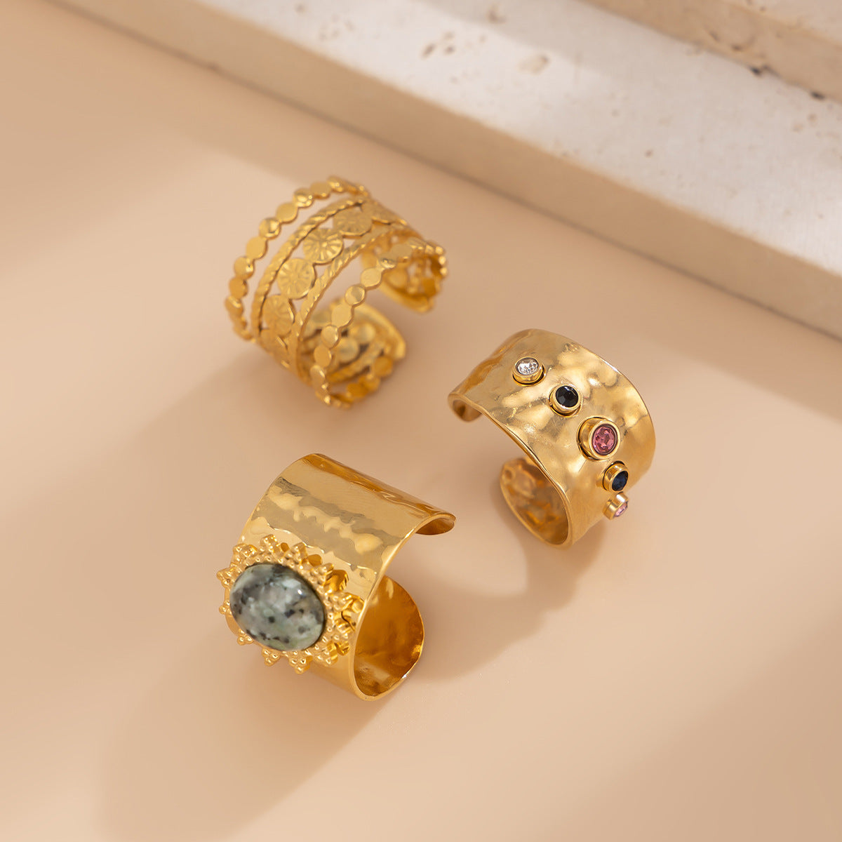 Fashionable Joint Ring Set Hip Hop Metallic Fold Set with Gemstone Rings - Korvel