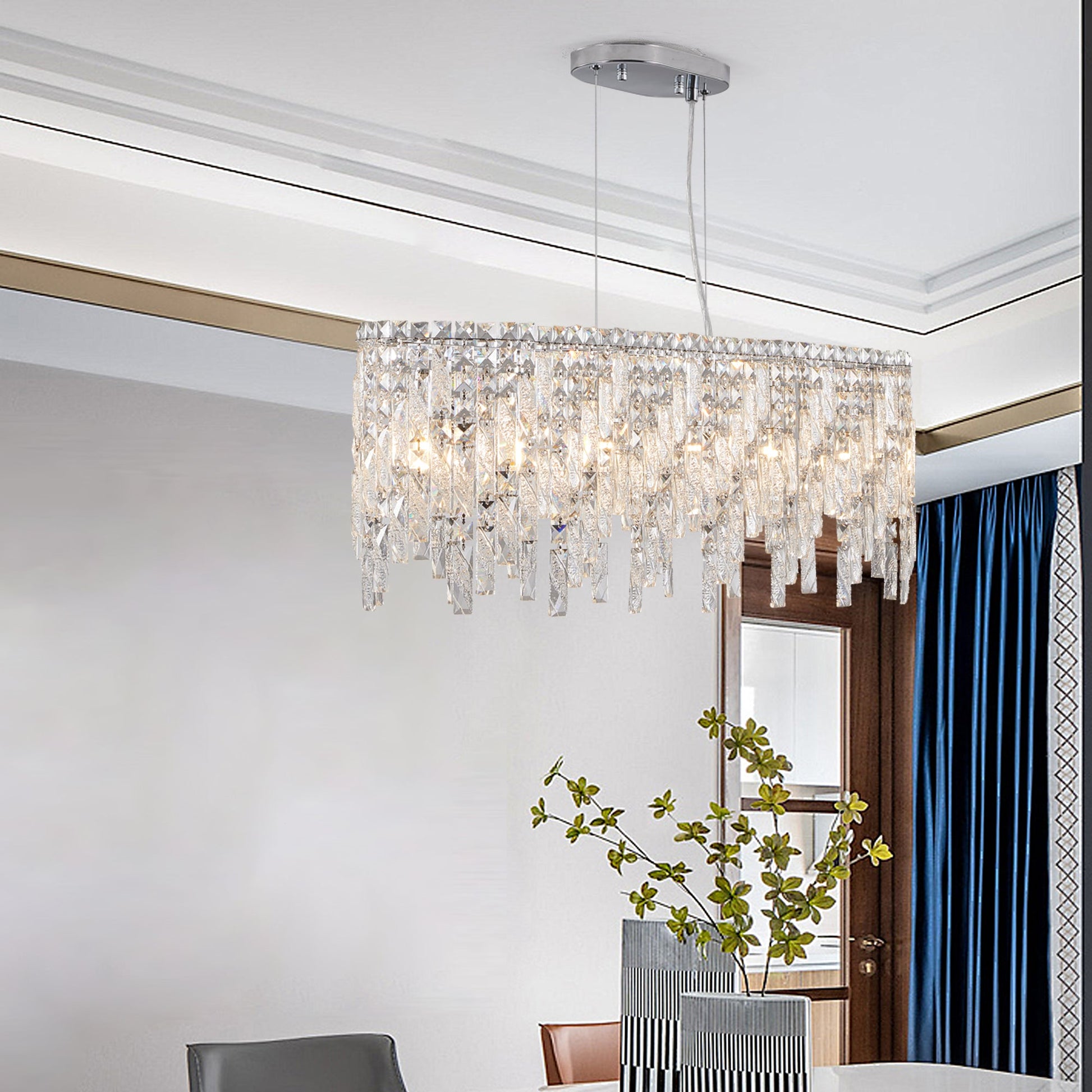 Silver elegant oval crystal pendant light, modern ceiling fixture with reflective suspended crystal (bulb not included) - Korvel