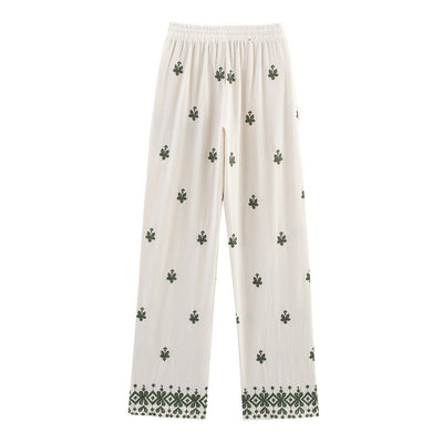 Elastic Waist Tied Embroidered Wide Leg Pants for WomenStyle Fashion Casual - Korvel