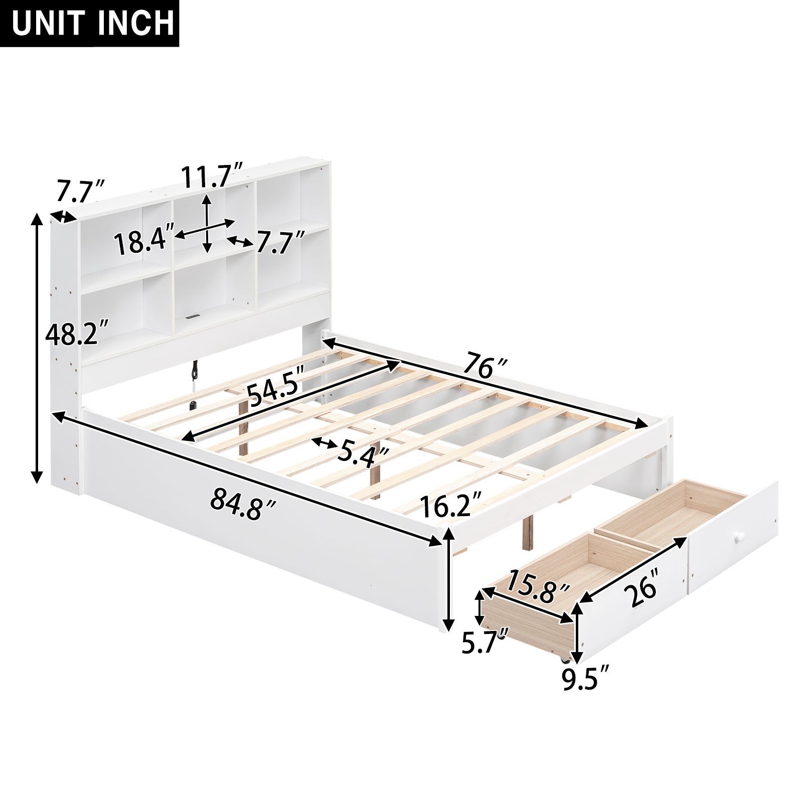 Full Size Platform Bed with Storage Headboard, Charging Station and 2 Drawers White - Korvel