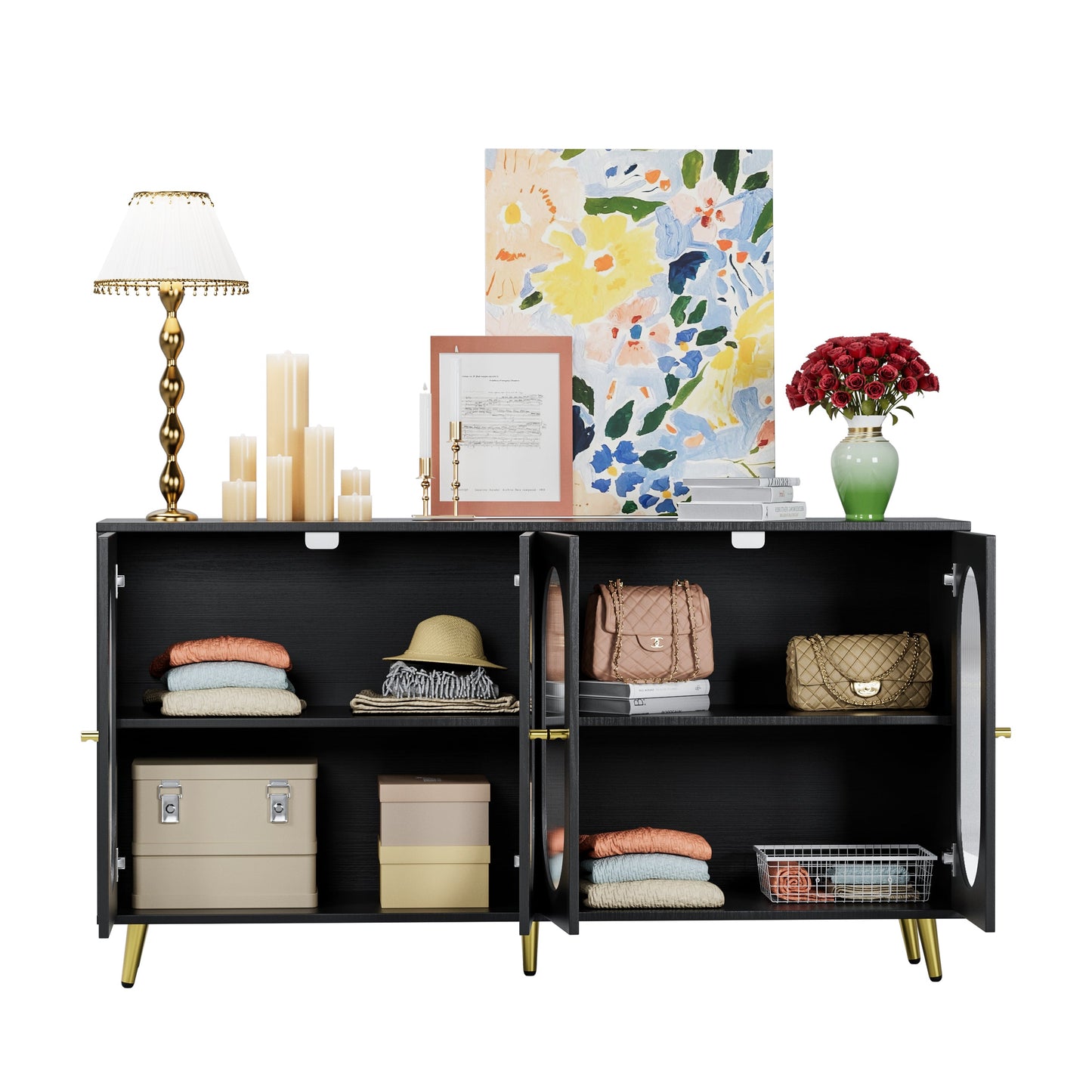 Modern Accent Sideboard Cabinet with Acrylic Doors, Freestanding Storage Cupboard Console Table for Kitchen Dining Black - Korvel