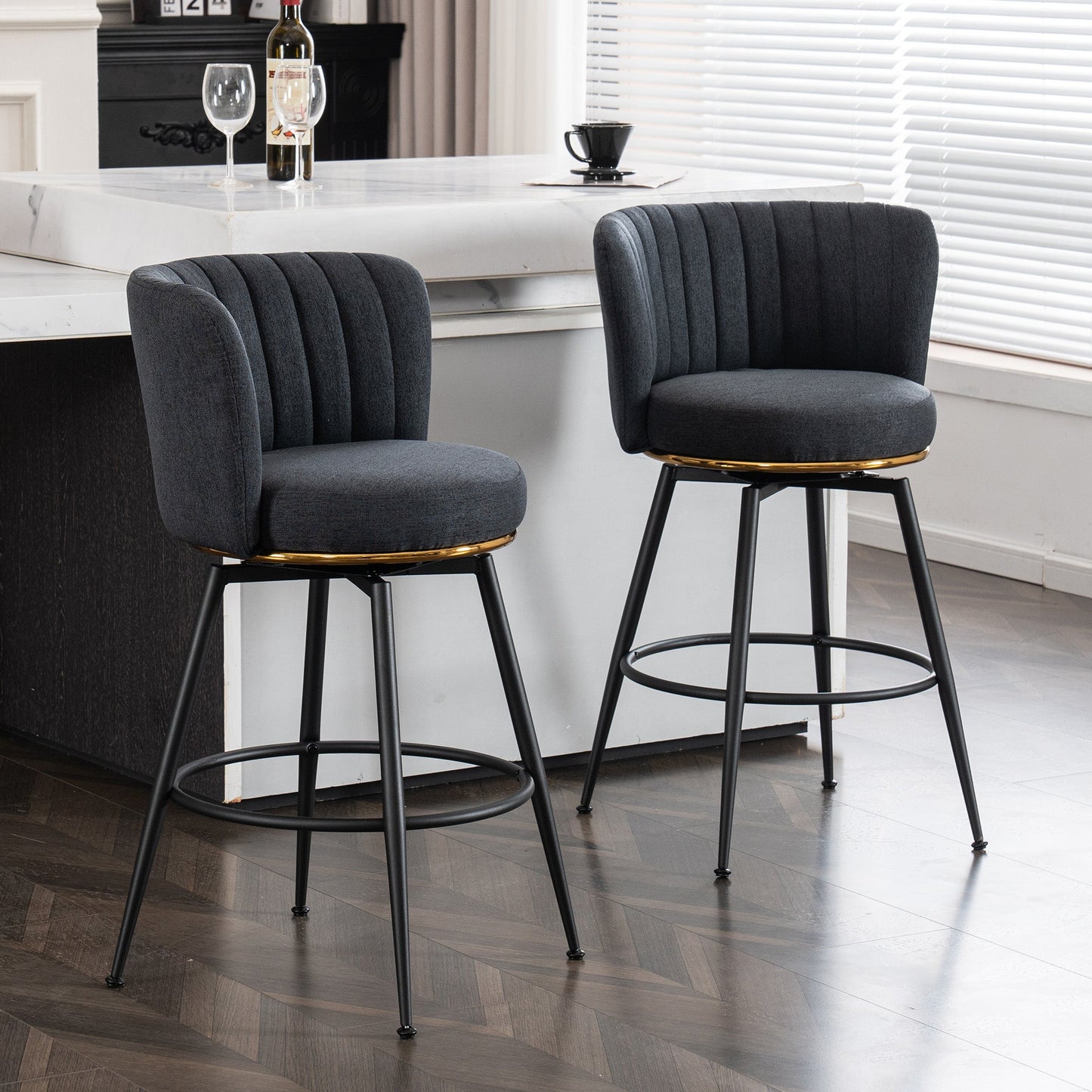 A set of 2 gray rotating bar stools - high backrest, adjustable, with elegant metal backrest decoration - Korvel