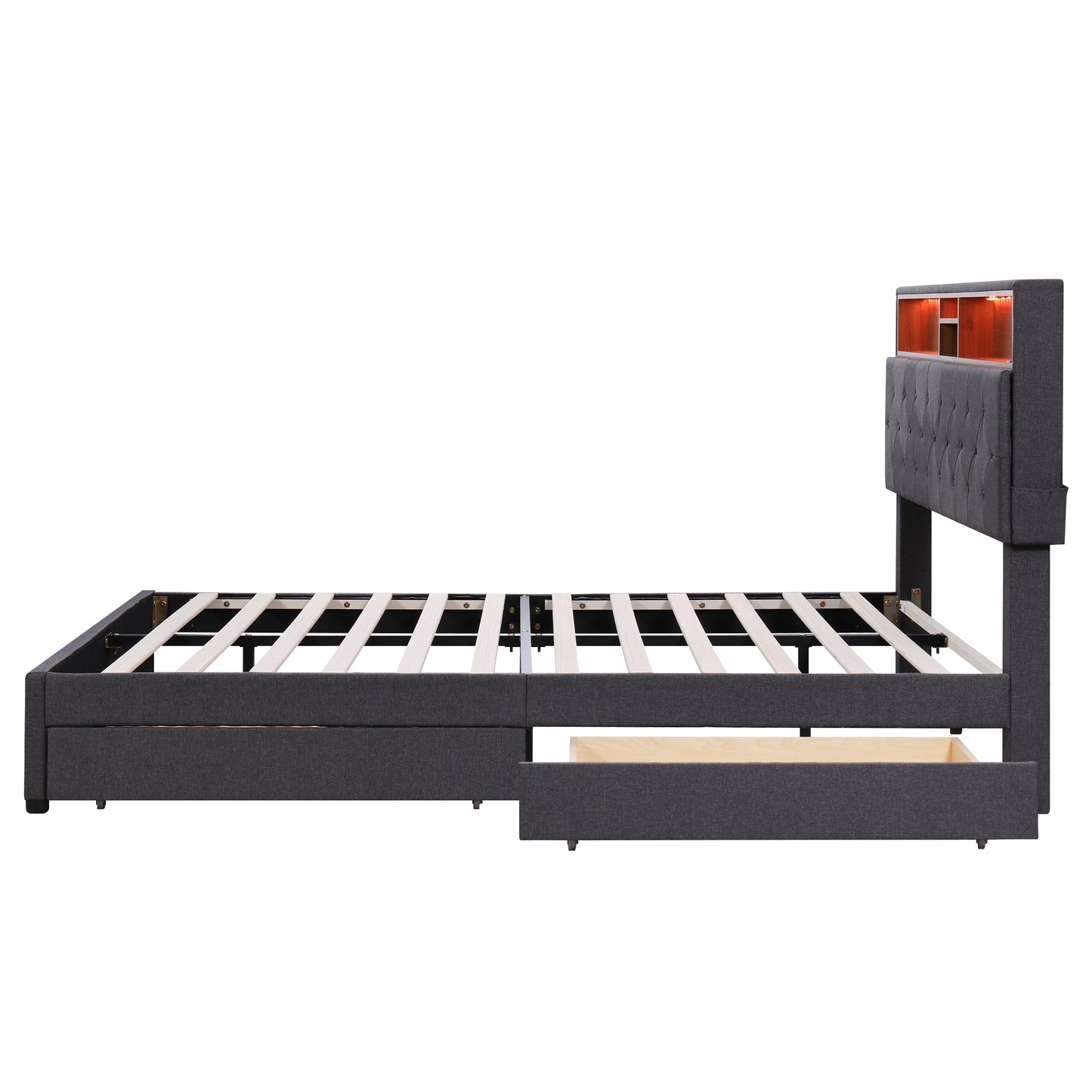 Queen Size Upholstered Platform Bed with Storage & LED, Dark Gray