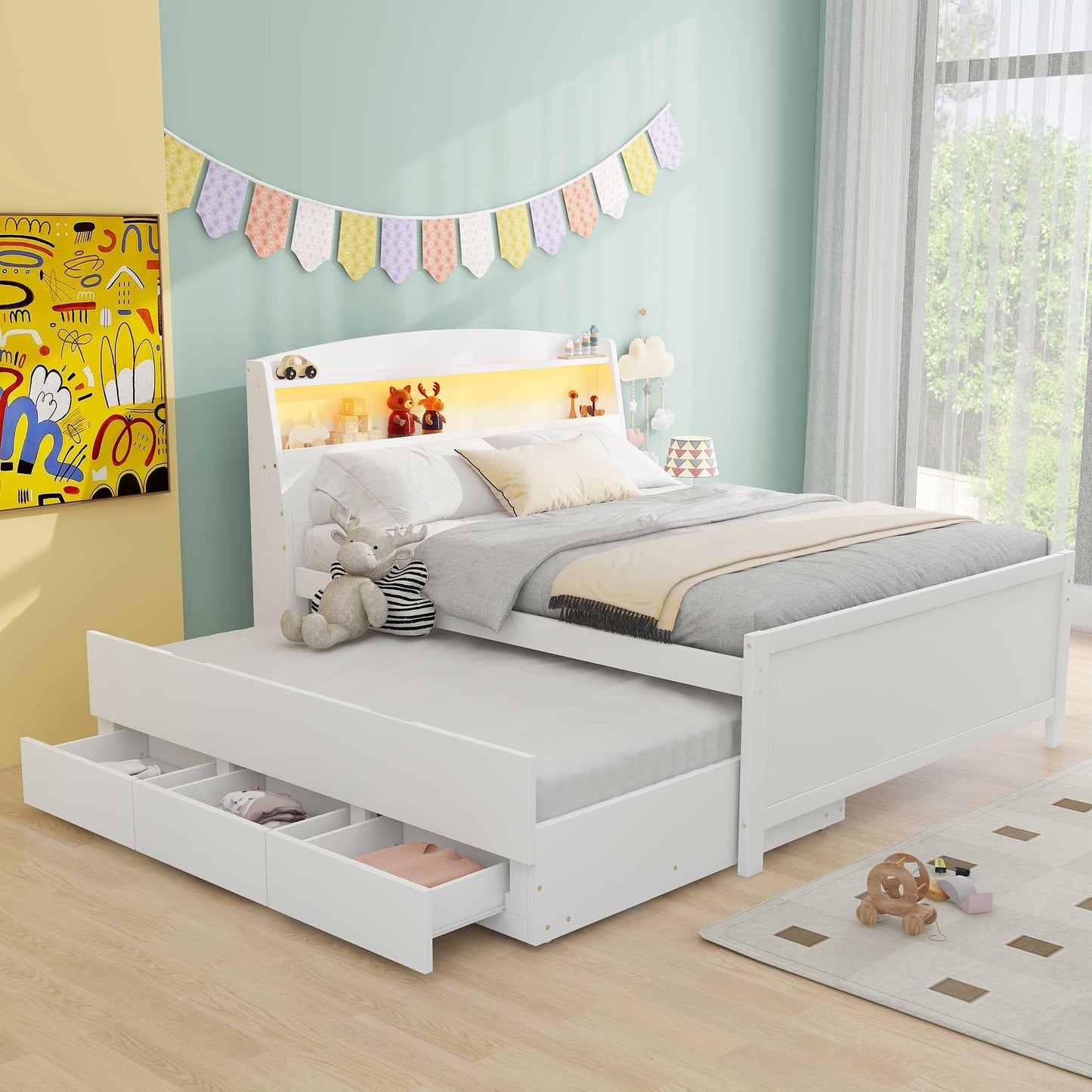 Full Size Platform Bed with Storage LED Headboard  Twin Size Trundle and 3 Drawers White - Korvel