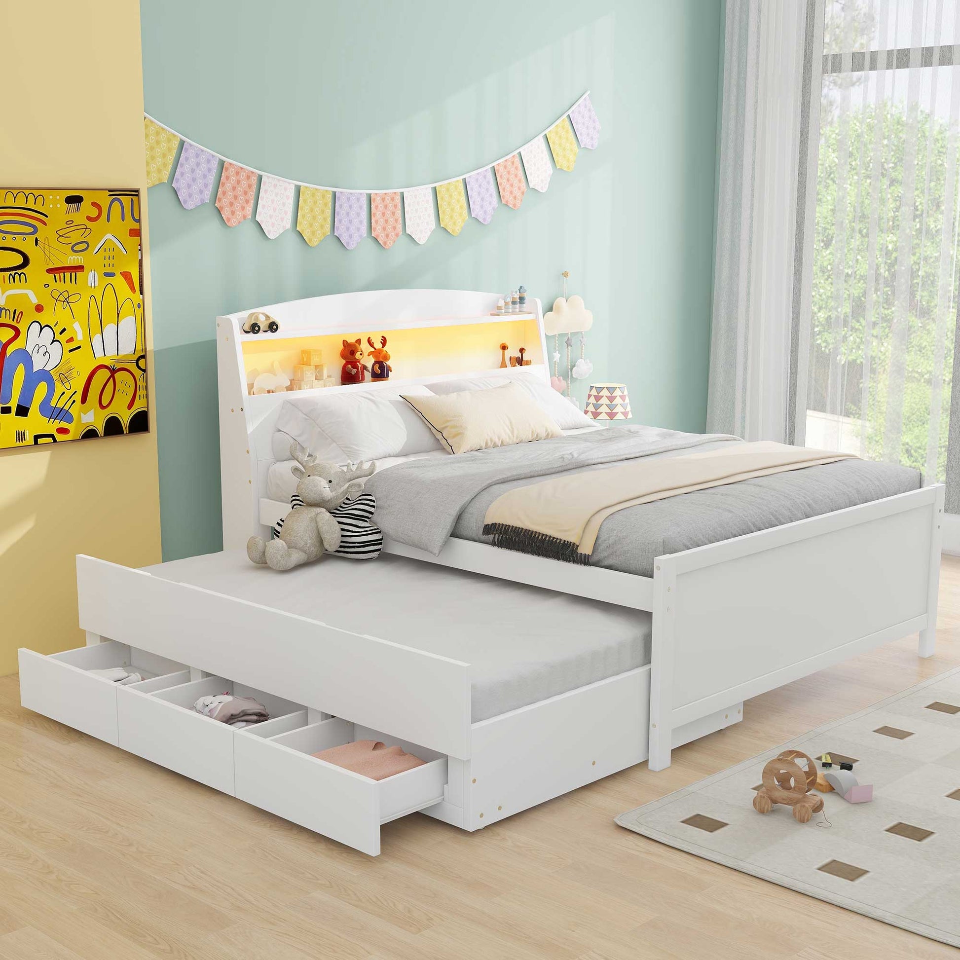Full Size Platform Bed with Storage LED Headboard  Twin Size Trundle and 3 Drawers White - Korvel
