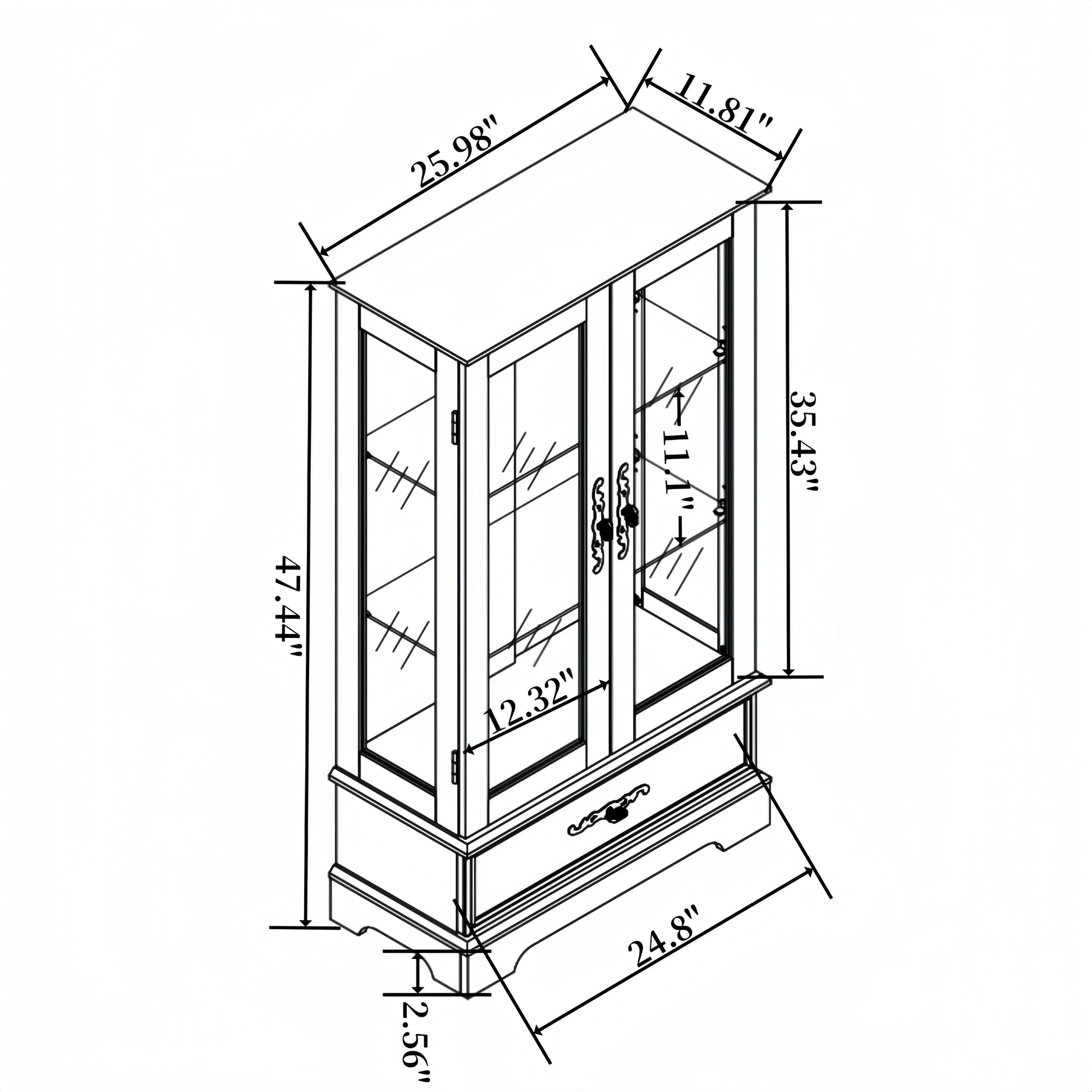 Light colored glass cabinet with adjustable glass frame, including cabinet light bulbs OAK with 2 doors and 1 drawer - Korvel