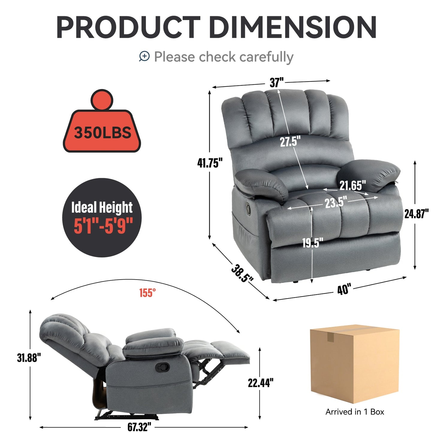 Large Manual Recliner Chair in Fabric for Living Room, Grey - Korvel