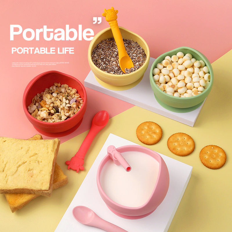 Children's Full Silicone Bowl Sucker Learning To Eat Training Meal Bowl Adsorption Baby Spoon Fork Meal Set Kindergarten Bowl Plate - Korvel