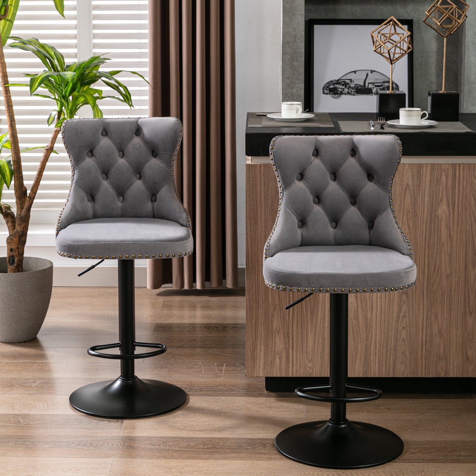 Gray,Set of 2 25-33 Inch,17.7 inch base, Modern Upholstered Bar Stools with Backs Comfortable Tufted for Home Pub and Kitchen - Korvel