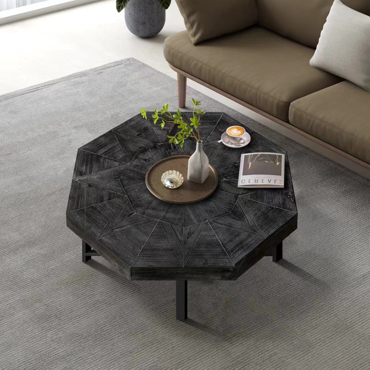 Wooden octagonal retro patchwork craft 30 inch wooden tabletop cross metal leg coffee table (Antique Black) - Korvel