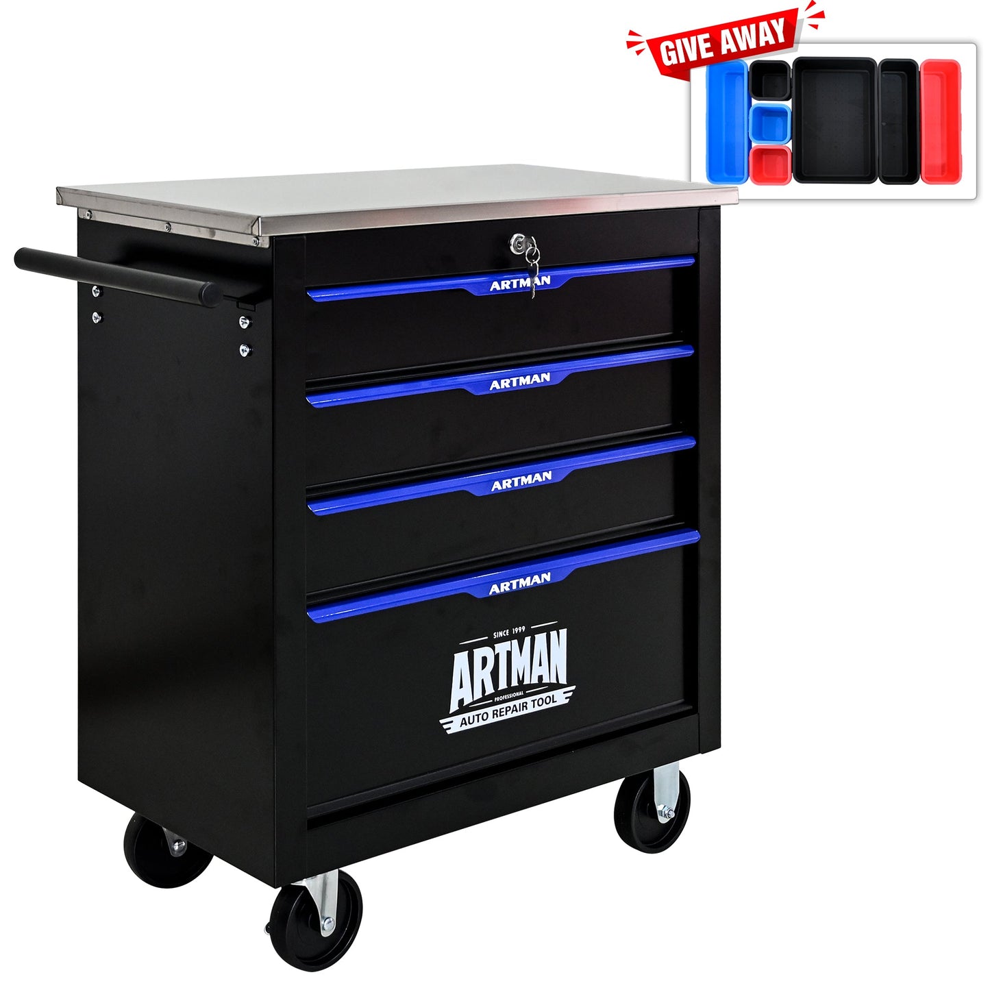 4 DRAWERS MULTIFUNCTIONAL TOOL CART WITH WHEELS-BLACK - Korvel