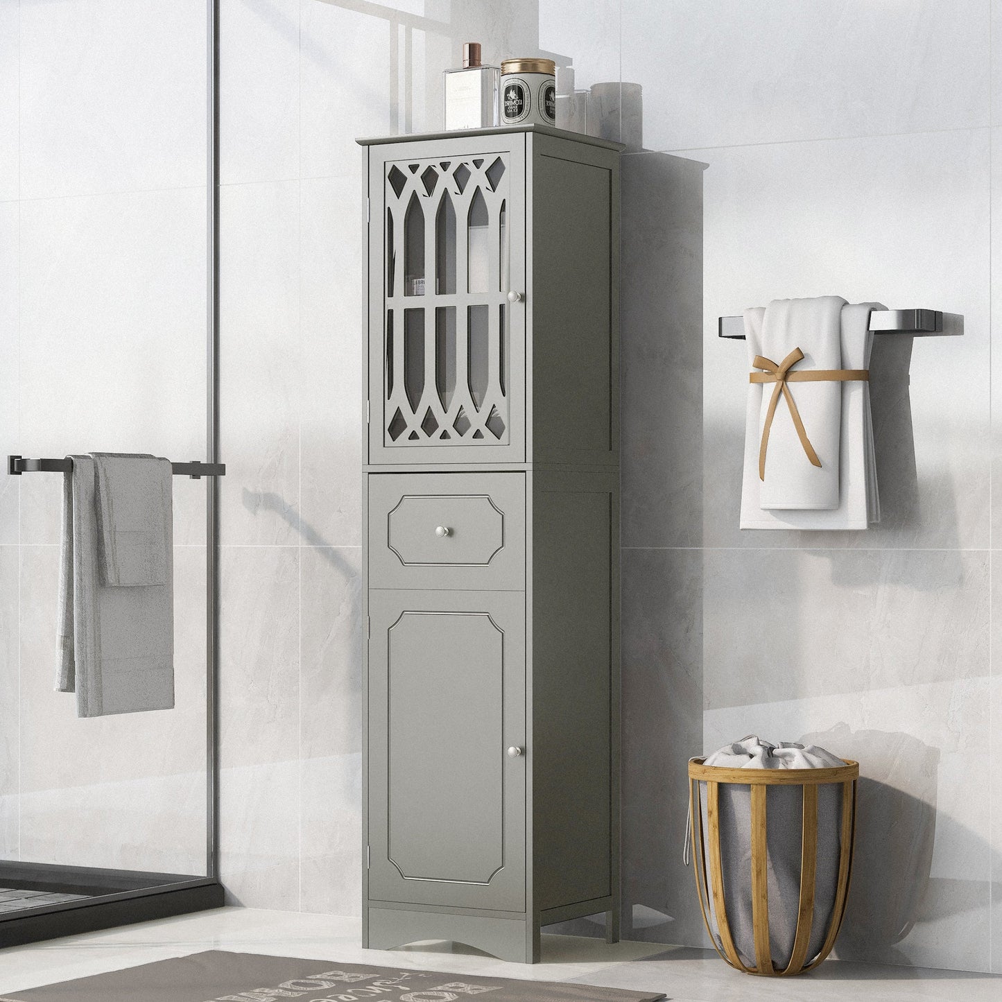 Tall Bathroom Cabinet, Freestanding Storage Cabinet with Drawer and Doors, MDF Board, Acrylic Door, Adjustable Shelf, Grey - Korvel