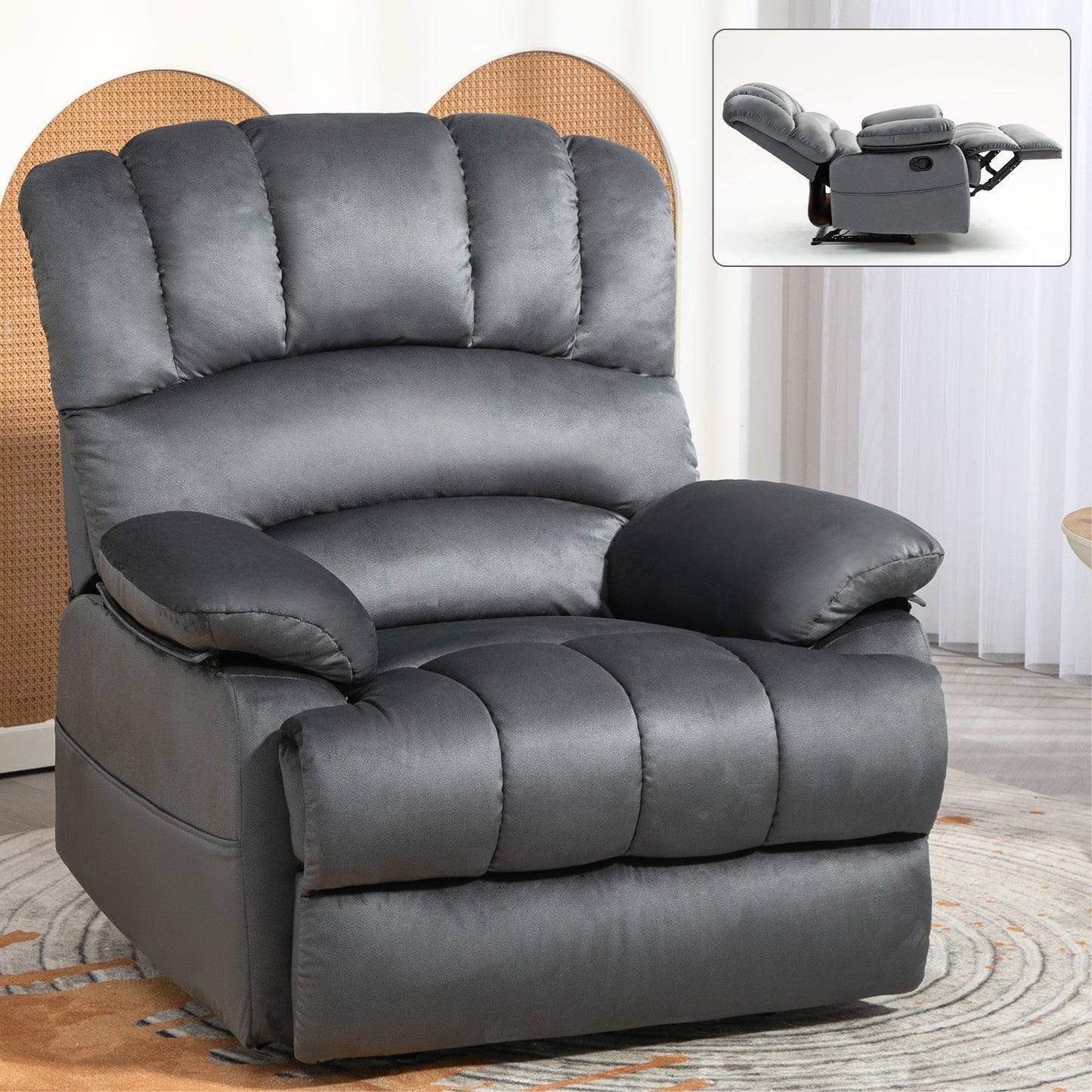 Large Manual Recliner Chair in Fabric for Living Room, Grey - Korvel