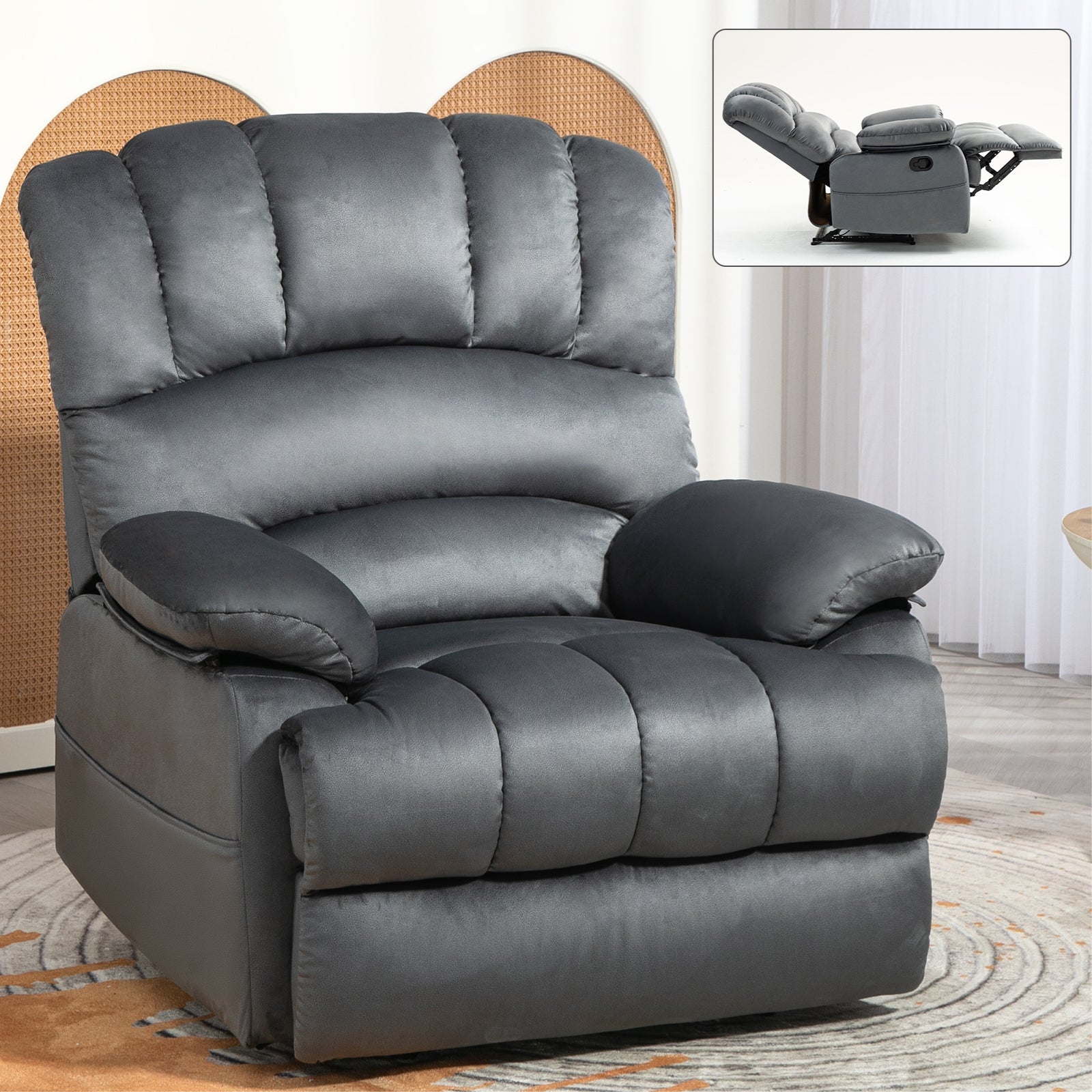 Large Manual Recliner Chair in Fabric for Living Room, Grey - Korvel