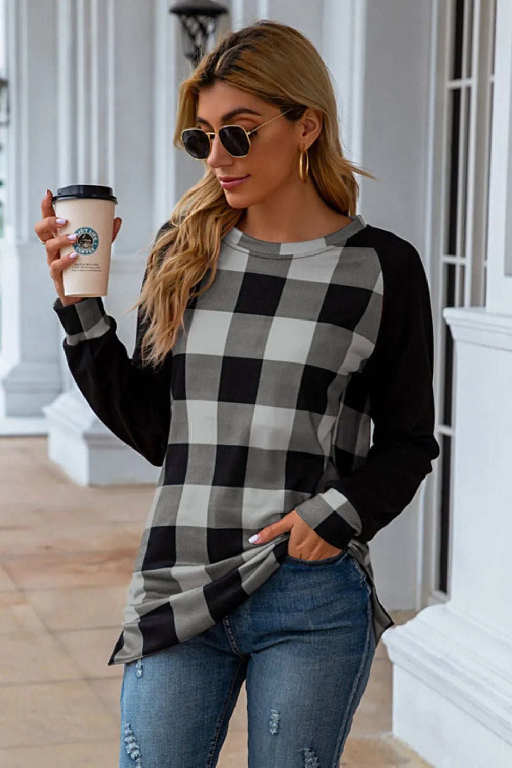 Plaid Round Neck Long Sleeve T-Shirt - Korvel