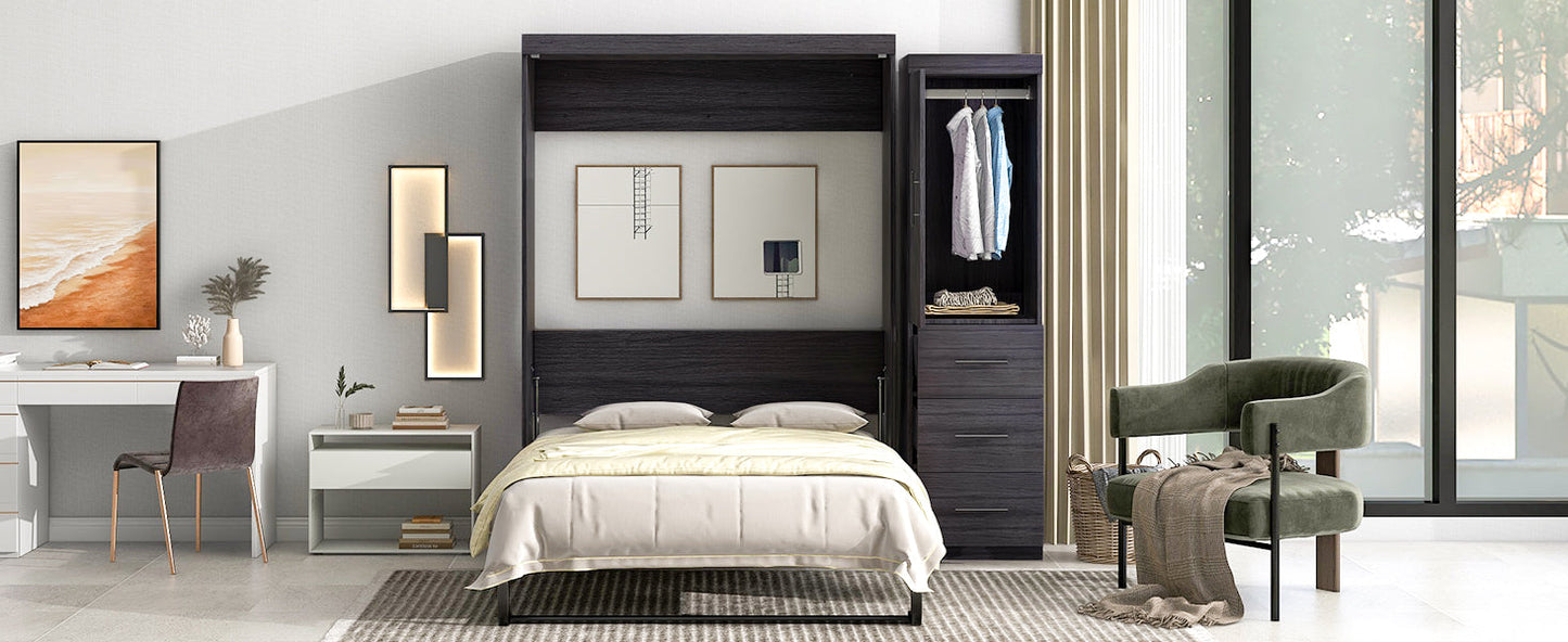 Full Size Gray Murphy Bed with Wardrobe and Drawers