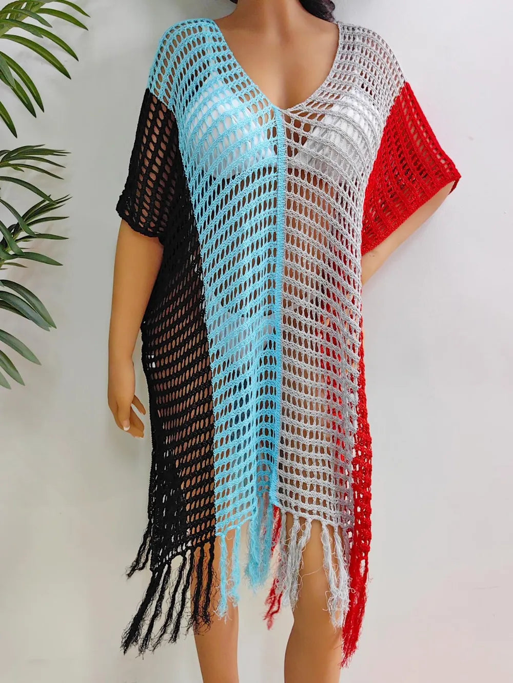 Fringe Color Block Scoop Neck Cover Up - Korvel