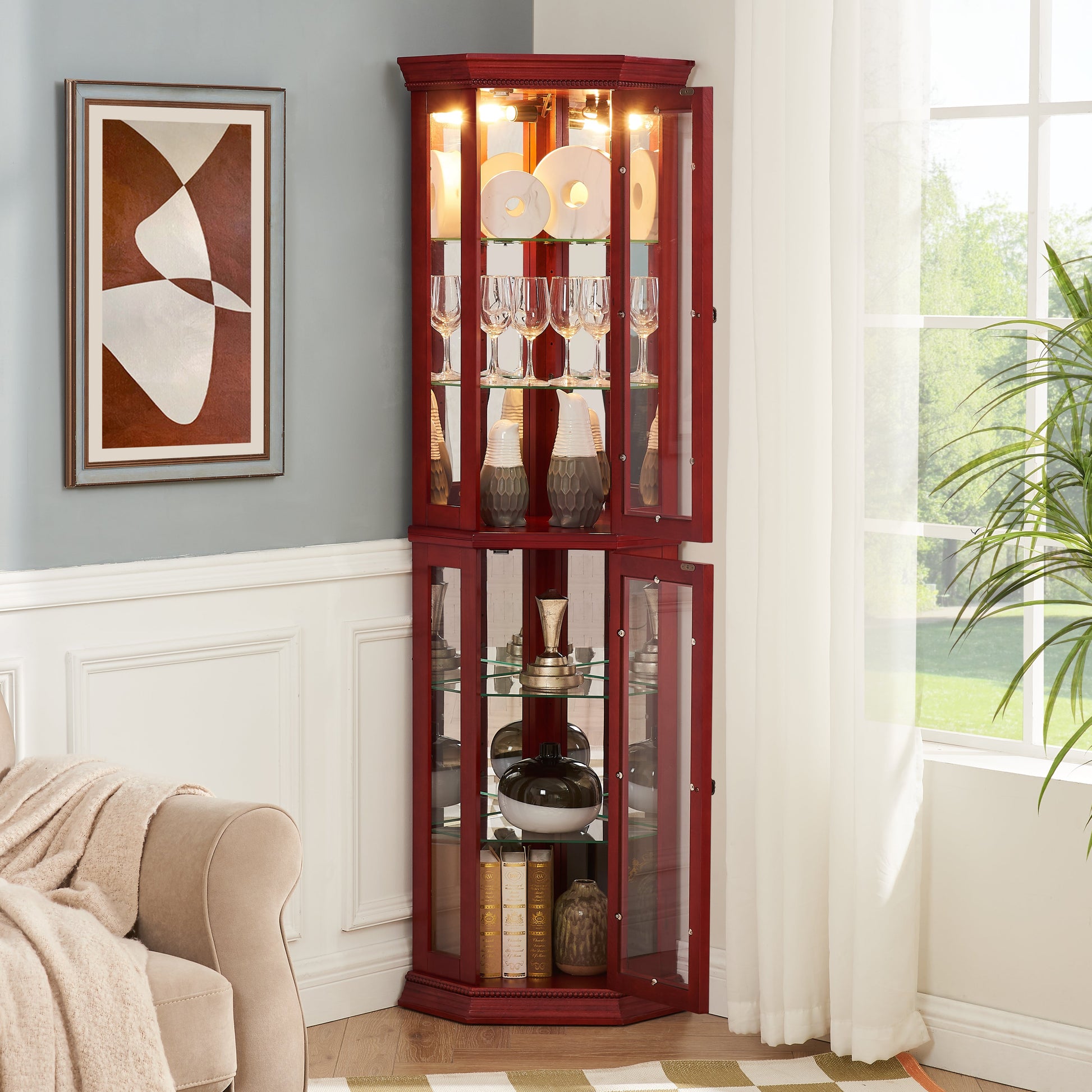 Corner Curio cabinet with illuminated glass display stand and tempered glass door, with adjustable bracket and light bulb - Korvel