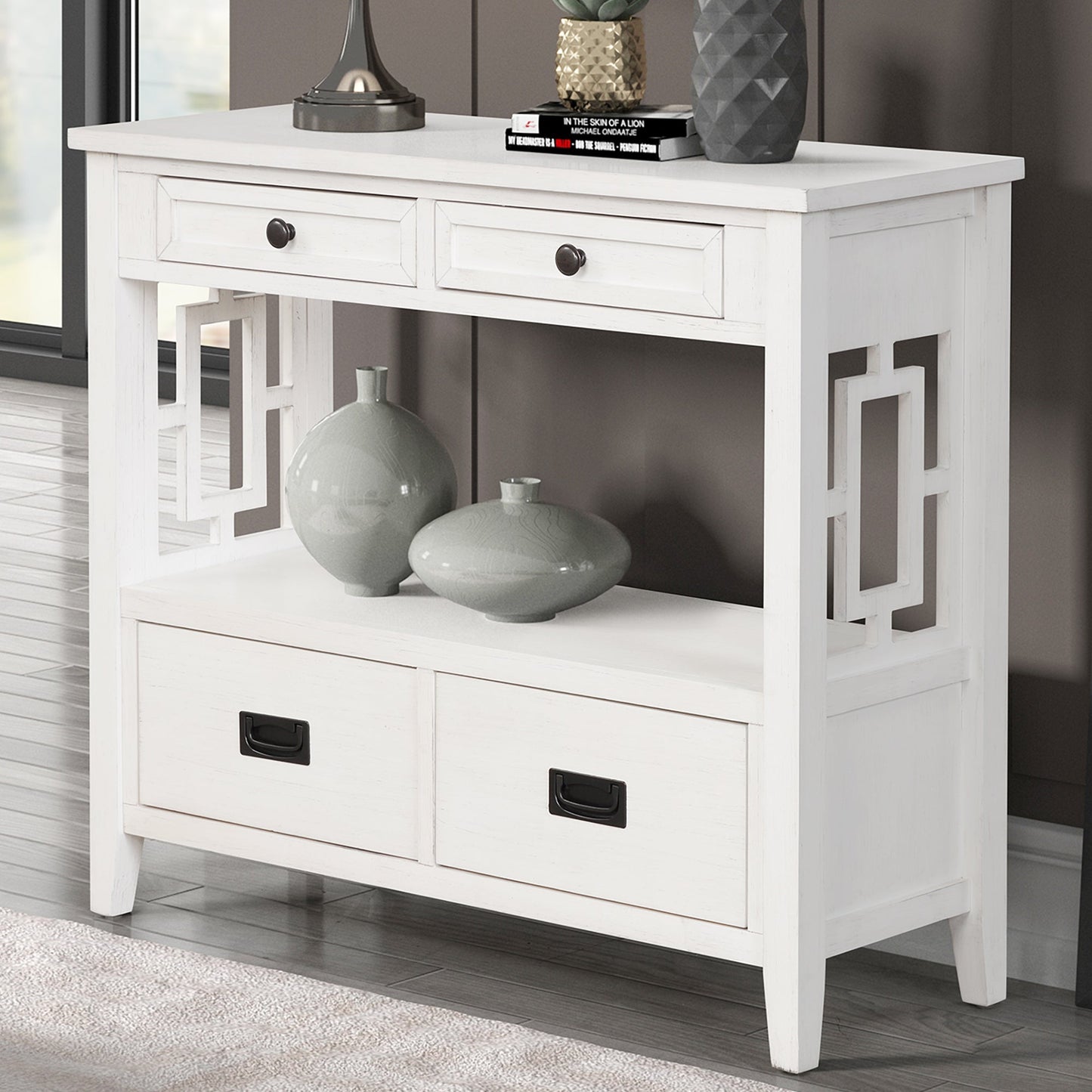 36'' Farmhouse Pine Wood Console Table Entry Sofa Table with 4 Drawers & 1 Storage Shelf (Antique White) - Korvel
