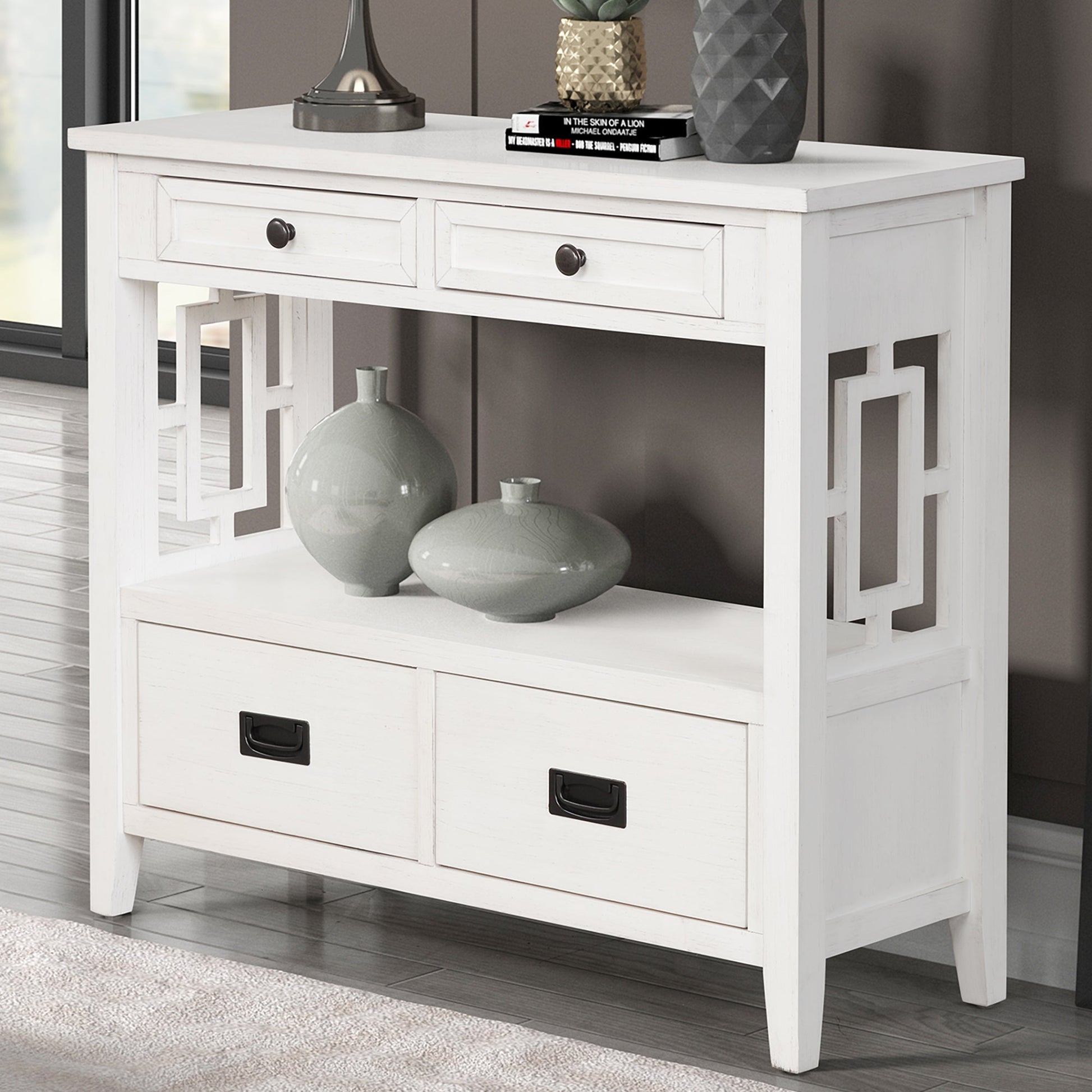 36'' Farmhouse Pine Wood Console Table Entry Sofa Table with 4 Drawers & 1 Storage Shelf (Antique White) - Korvel