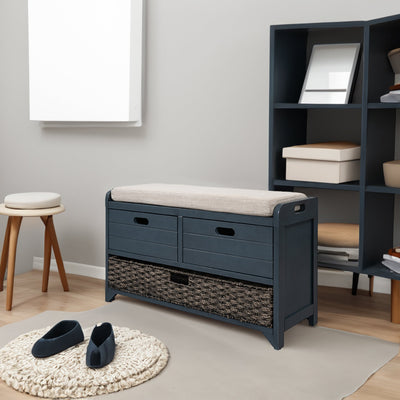 TREXM Storage Bench with Removable Basket and 2 Drawers, Fully Assembled Shoe Bench with Removable Cushion (Navy) - Korvel